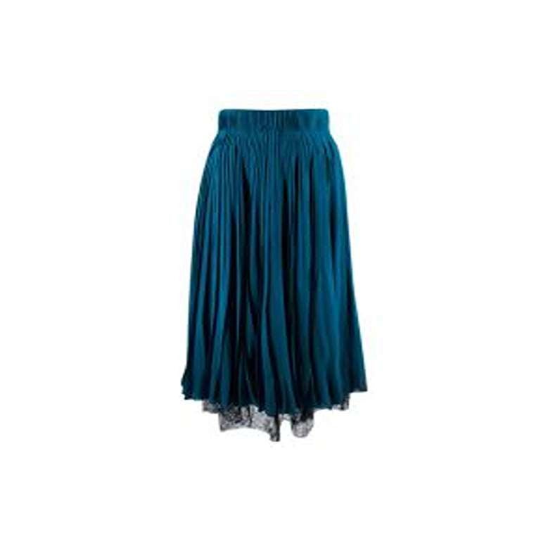 Teal Pleated Silk Midi Skirt with Black Lace Trim For Sale