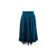 Teal Pleated Silk Midi Skirt with Black Lace Trim