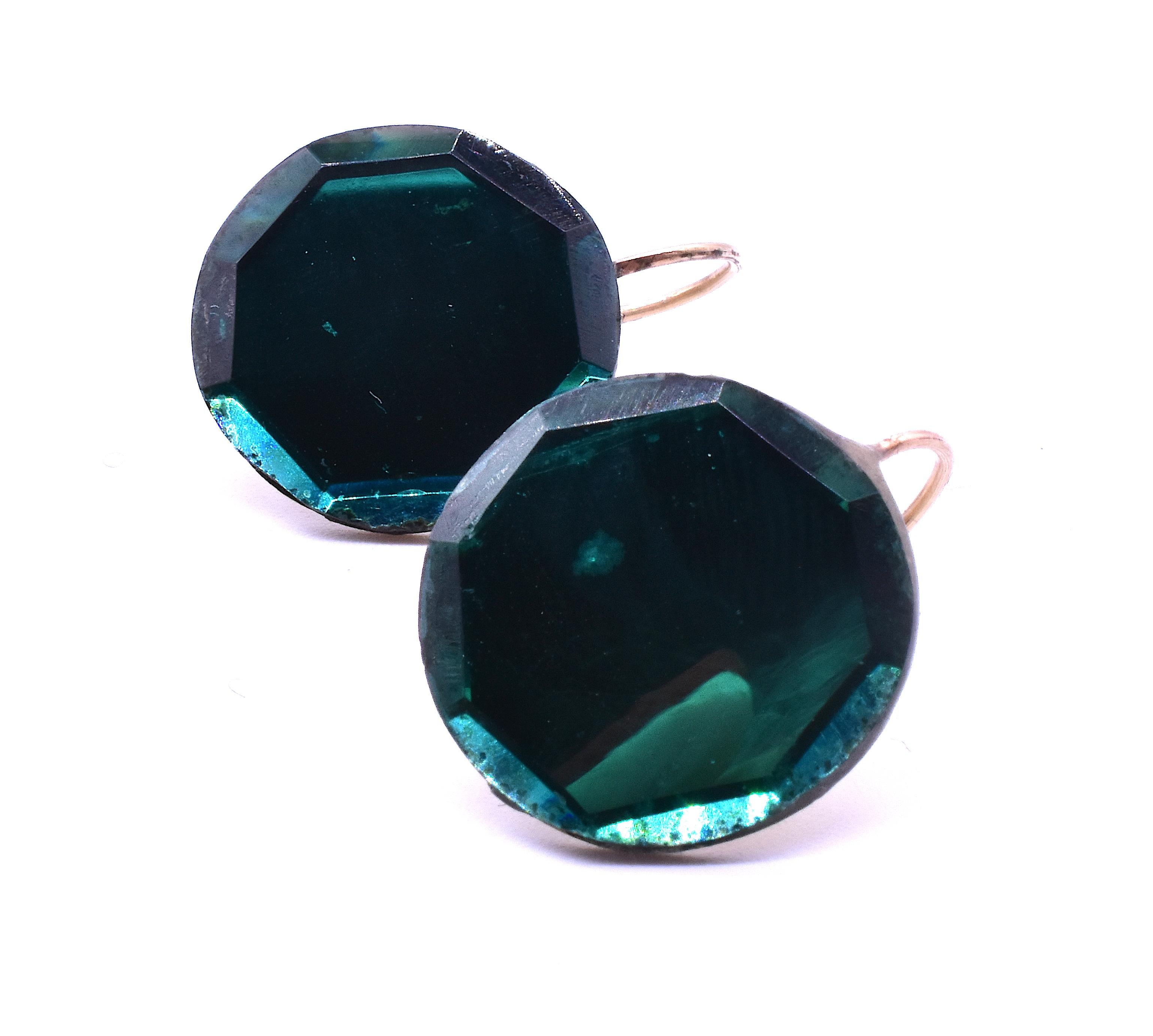Lovely pair of Victorian Vauxhall glass teal mirror glass earrings set in metal with gold earwires. The Vauxhall glass Company manufactured mirror glass in the 19th century and in a burst of innovation one can only behold with astonishment today,
