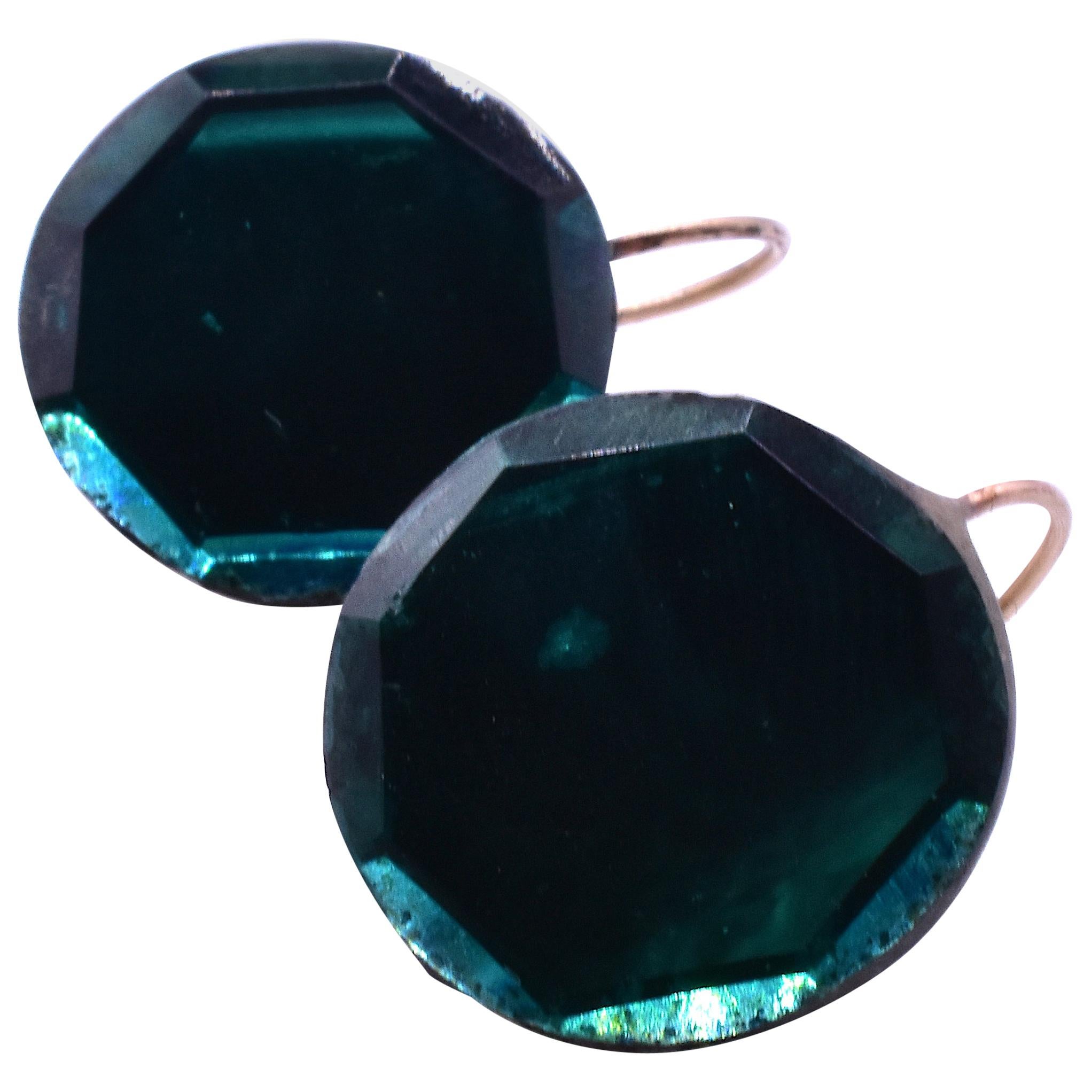 Teal Round Vauxhall Glass Earrings with Gold Shepherds Hook Ear Wires circa 1860 For Sale