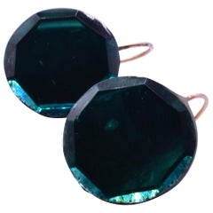 Teal Round Vauxhall Glass Earrings with Gold Shepherds Hook Ear Wires circa 1860