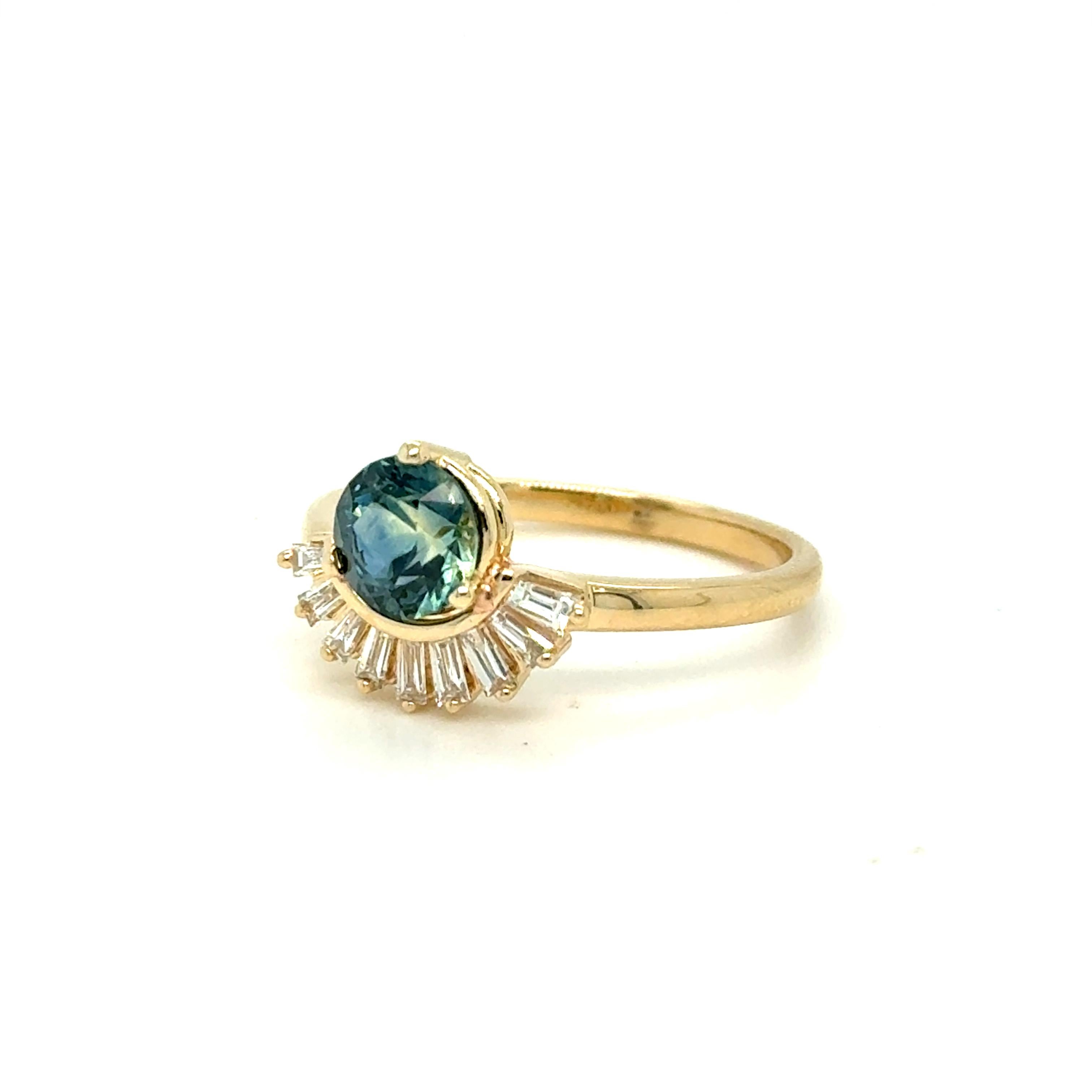 Modern Teal Sapphire and Baguette Diamond Ring Engagement Ring. For Sale