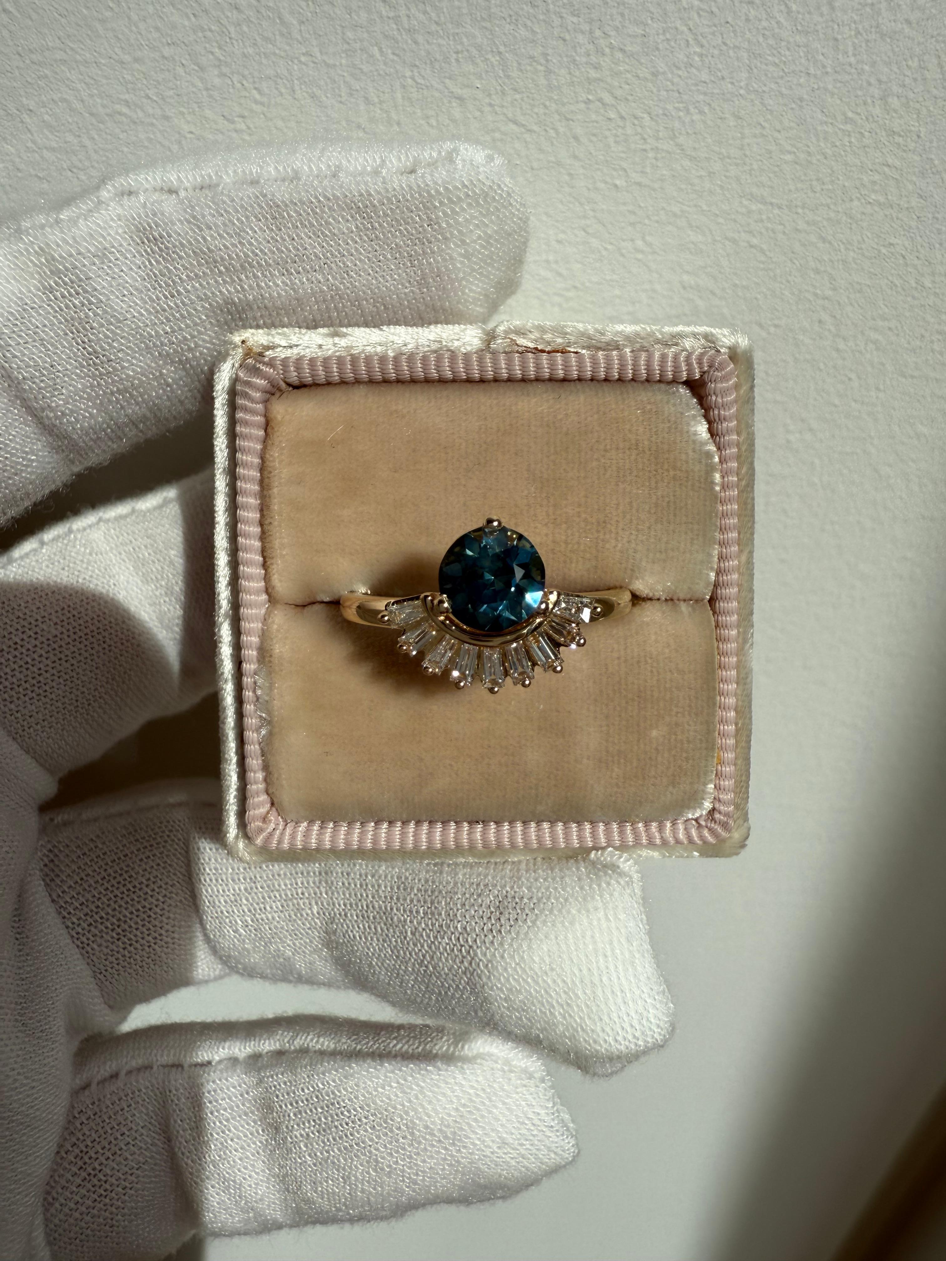 Baguette Cut Teal Sapphire and Baguette Diamond Ring Engagement Ring. For Sale
