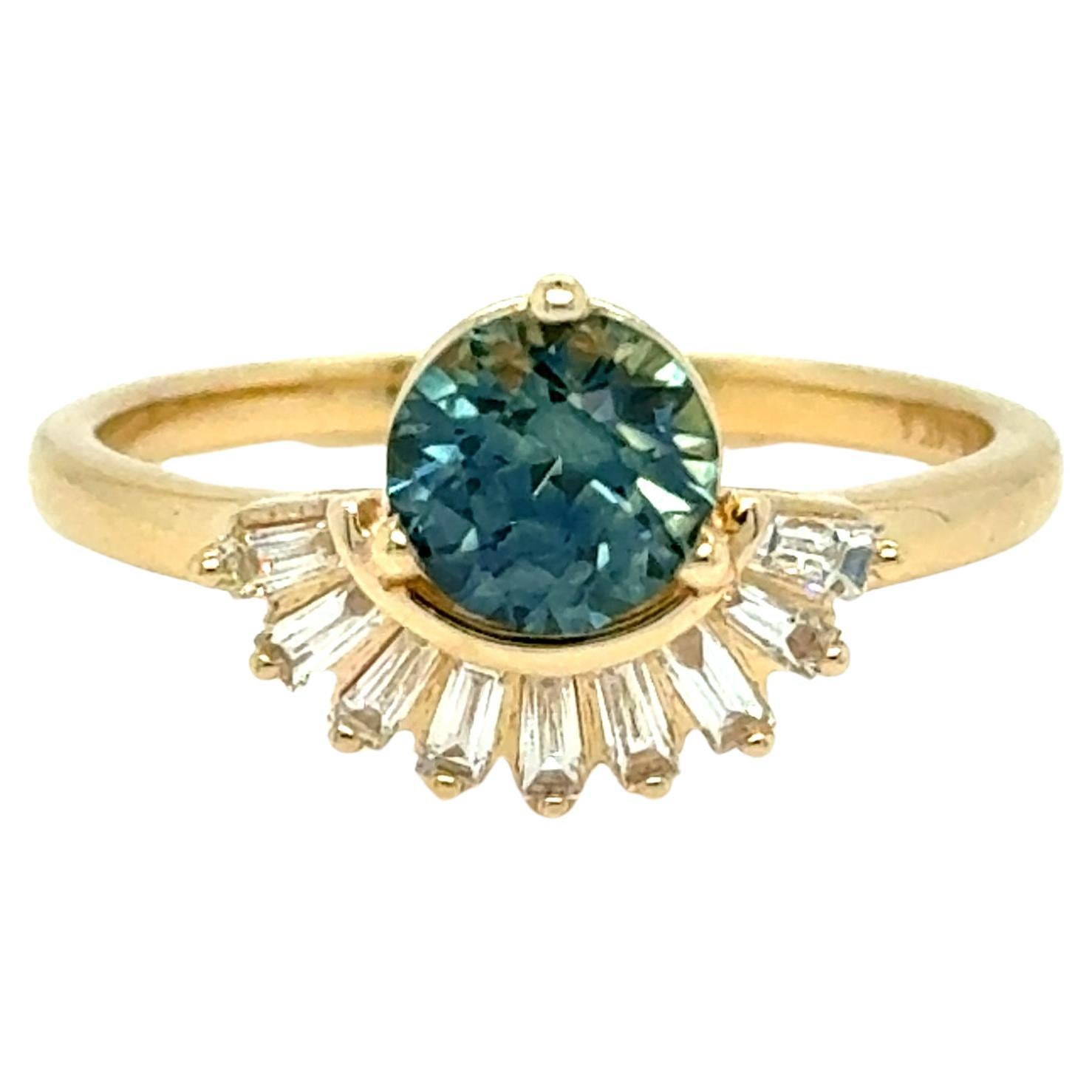 Teal Sapphire and Baguette Diamond Ring Engagement Ring.