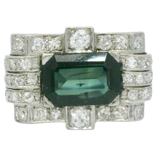 Teal sapphire and diamond tank ring