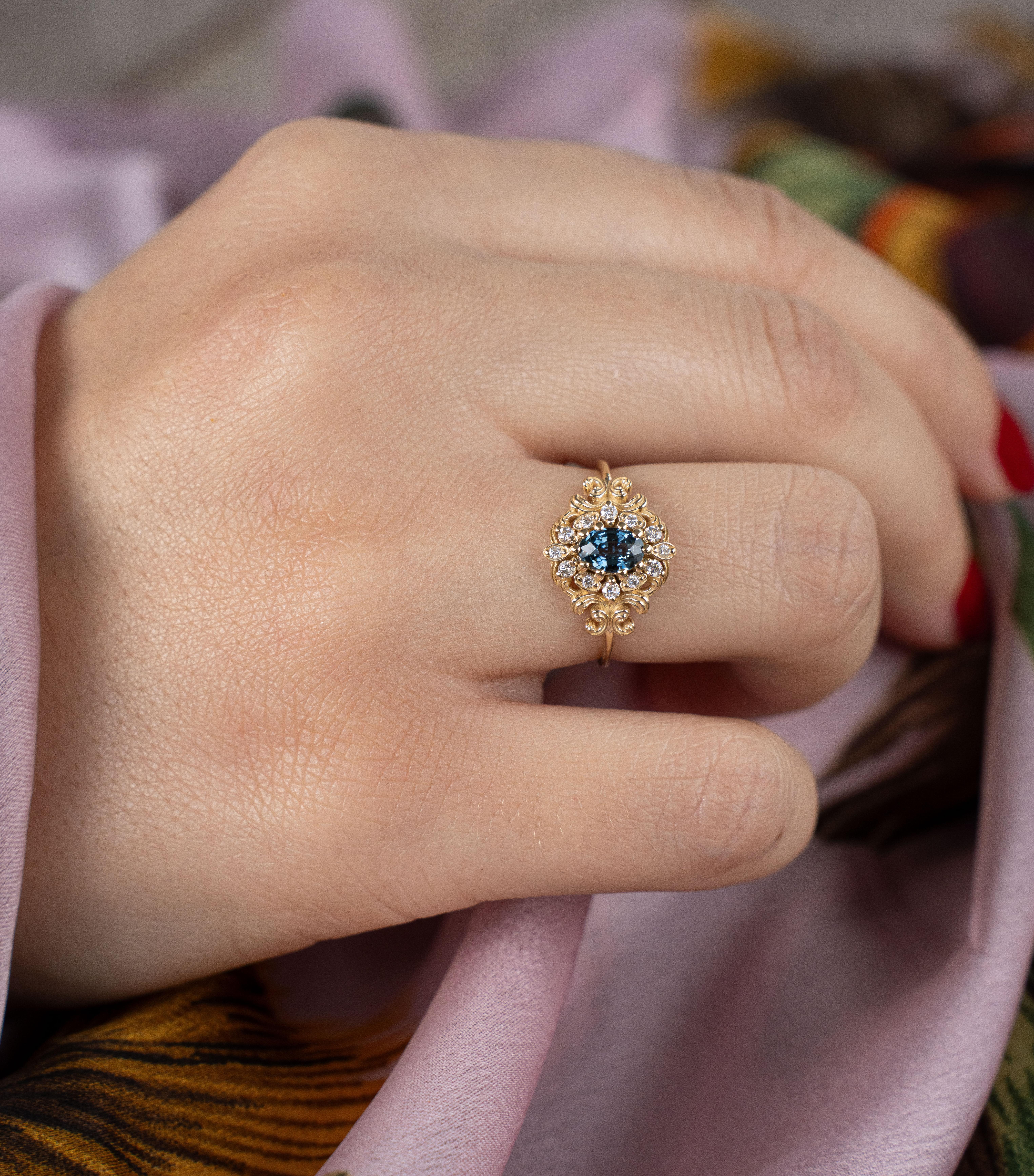 For Sale:  Teal Sapphire And Diamond Vintage Engagement Ring 2