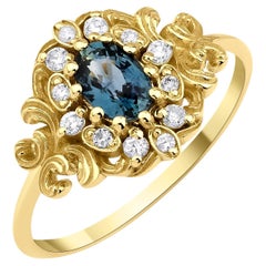 Teal Sapphire And Diamond Vintage Engagement Ring
