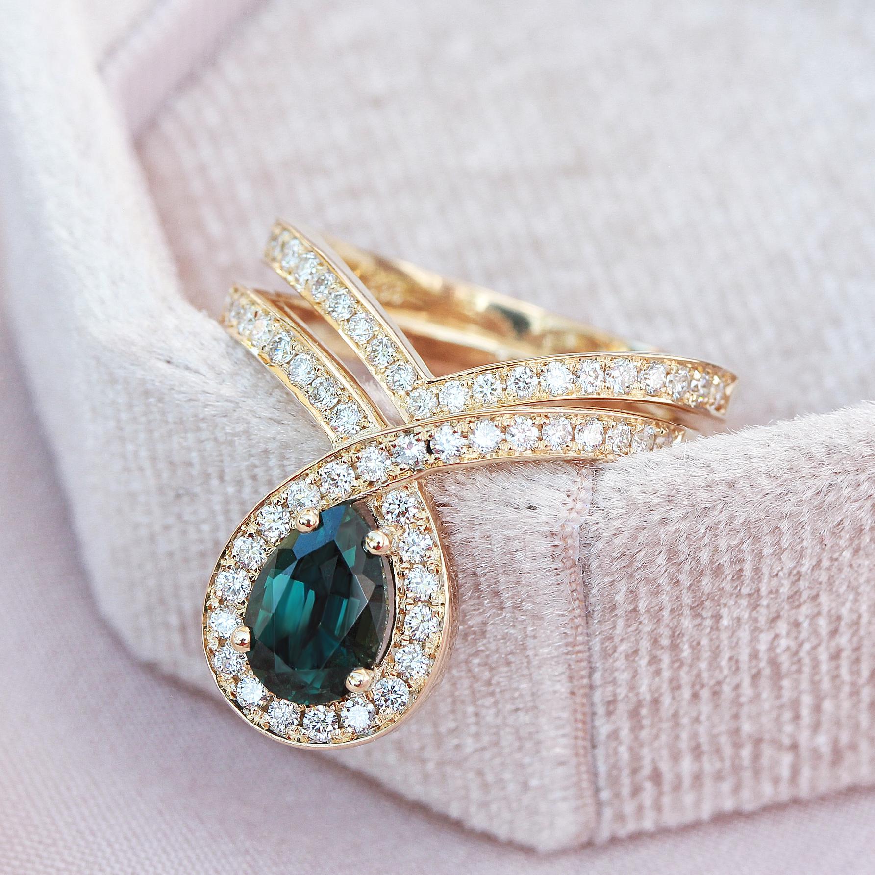 Unique Pear Teal Sapphire & Diamond Halo Wedding & Engagement Two Rings Set - 