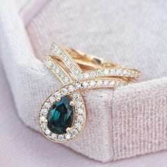 Teal Sapphire & Diamond Halo Loop Unique Engagement Two Ring Set, Bliss
