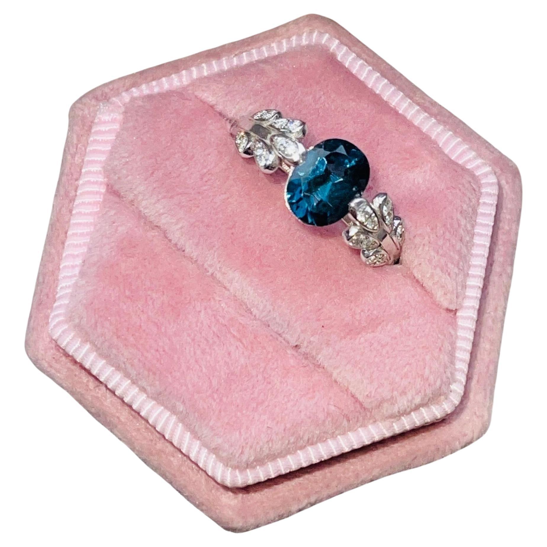 Bague florale minimaliste en or blanc 18 carats, saphir sarcelle et diamant taille 6