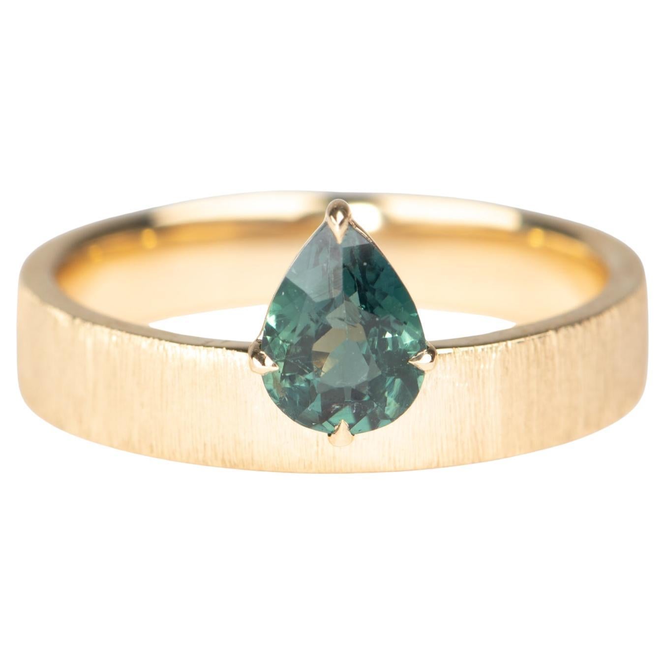 Teal Sapphire on Wide Band 14K Gold Engagement Ring Hand Brushed Finish R6785