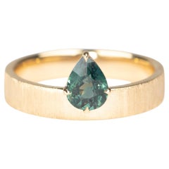 Teal Sapphire on Wide Band 14K Gold Engagement Ring Hand Brushed Finish R6785