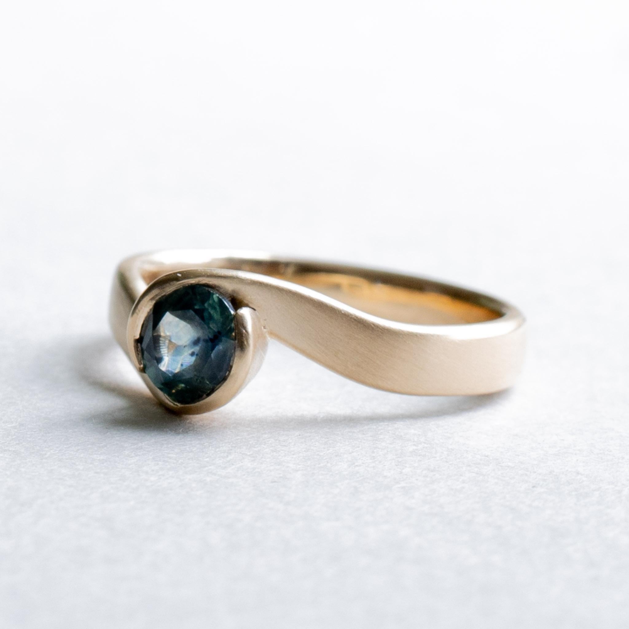 Women's Teal Sapphire Ring, 14 Karat Yellow Gold Sapphire Ring