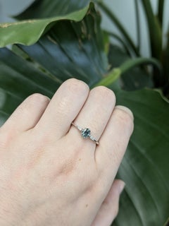 Teal Sapphire Ring with Earth Mined Diamond Accents Ring: Solid 14K Gold, 5x4mm