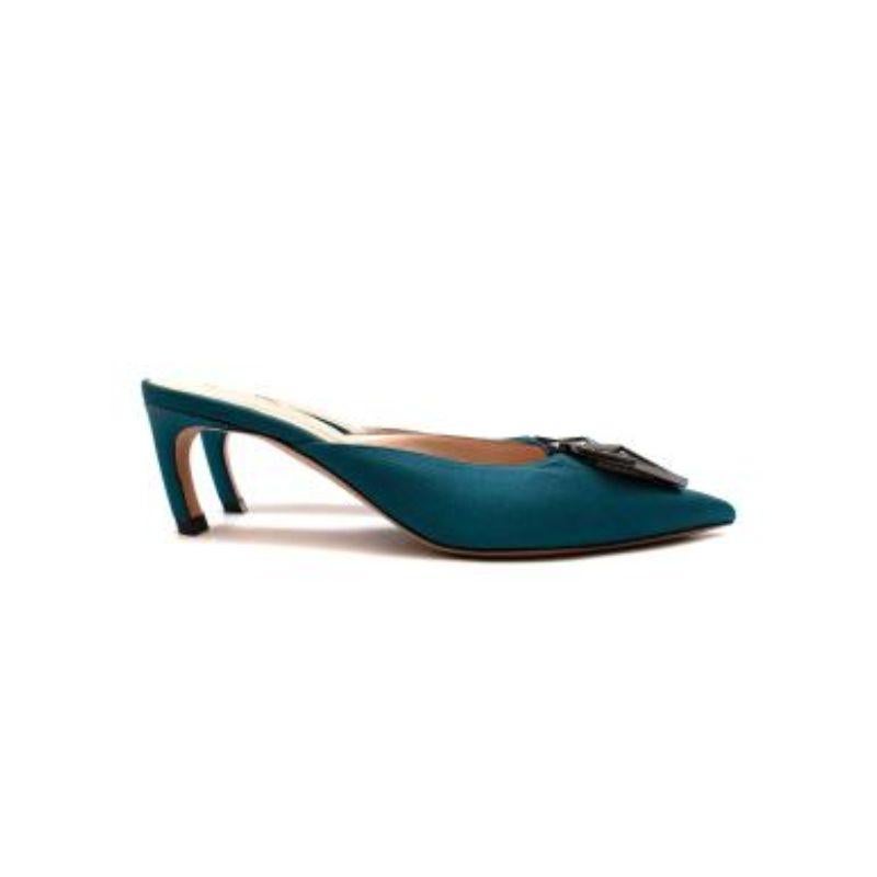Teal Satin Embellished Mules In Good Condition For Sale In London, GB