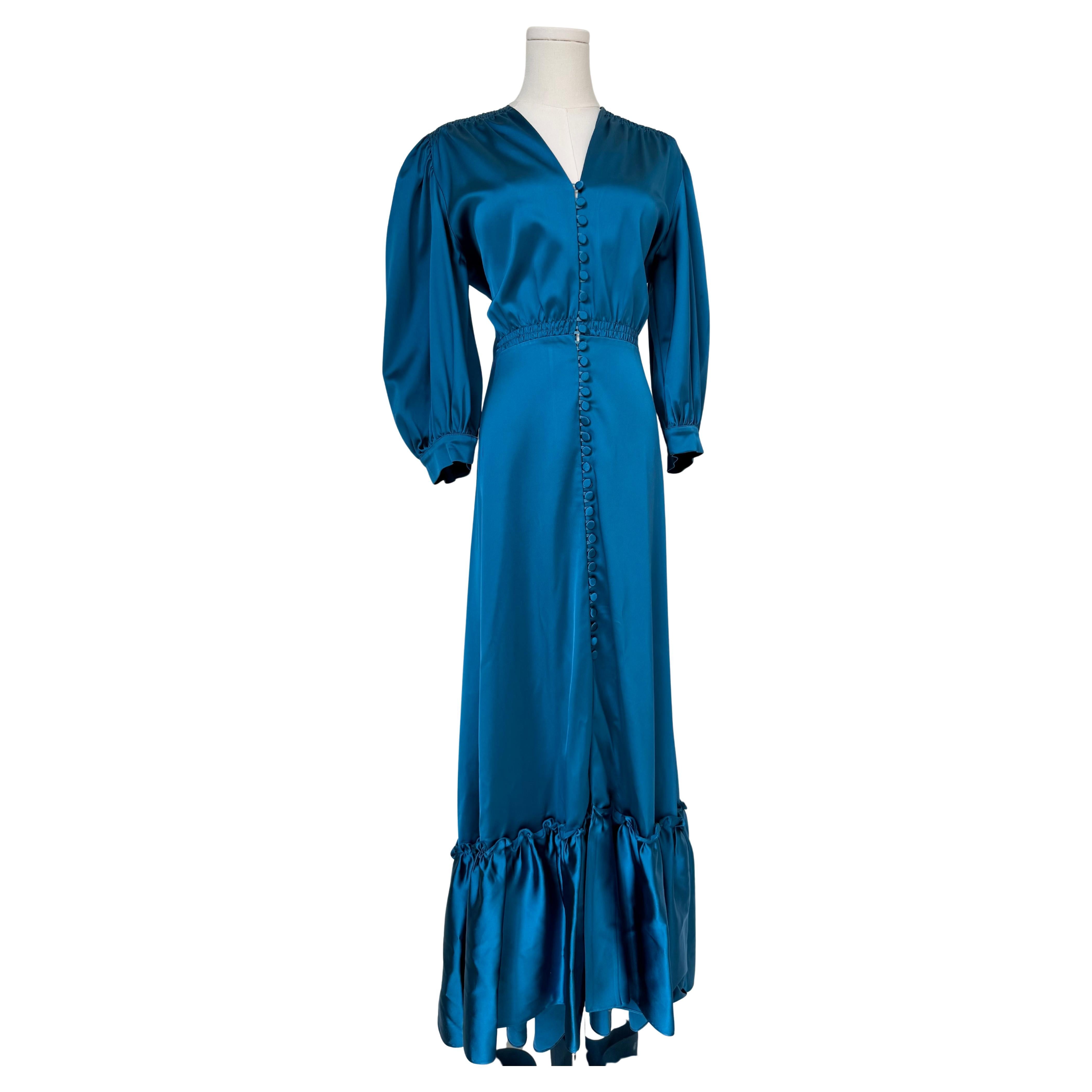 Luisa Beccaria Teal Acetate Smocked Shoulder Midi Dress for Women For Sale