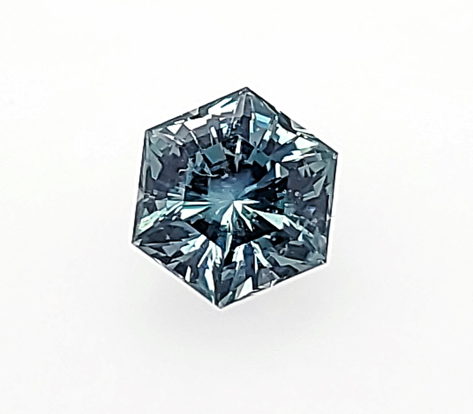 Beautiful 2.39ct Blue Montana Sapphire in a Hexagon-like Shape, which is frequently the shape of the natural crystals found in this locality  Masterfully Faceted by an AGTA Award Winning Cutter, whose work is within museums. He is one of those