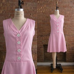 Teal Traina 1960s Vintage Pink Silk Drop Waist Mod Dress with Pleats