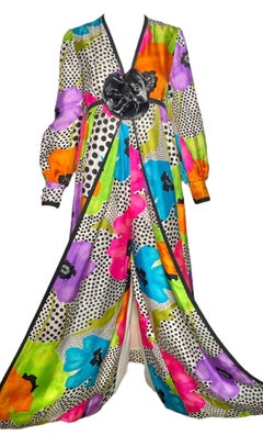 Tuta a maniche lunghe in seta floreale Teal Traina, primi anni '70