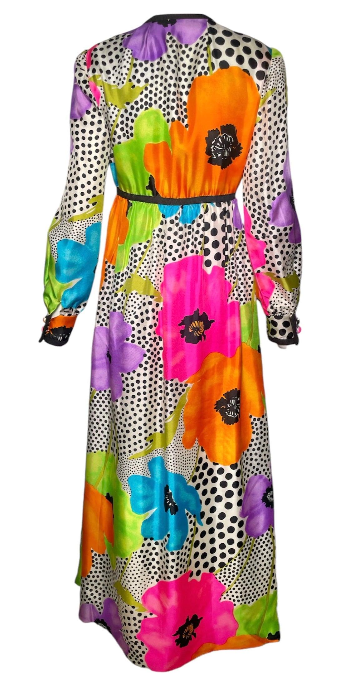 Teal Traina Psychedelic Silk Floral Longsleeve Jumpsuit, Anfang 1970er (Beige) im Angebot