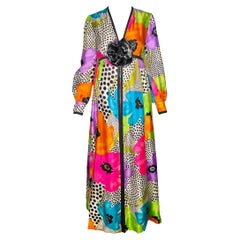 Teal Traina Psychedelic Silk Floral Longsleeve Jumpsuit, Anfang 1970er
