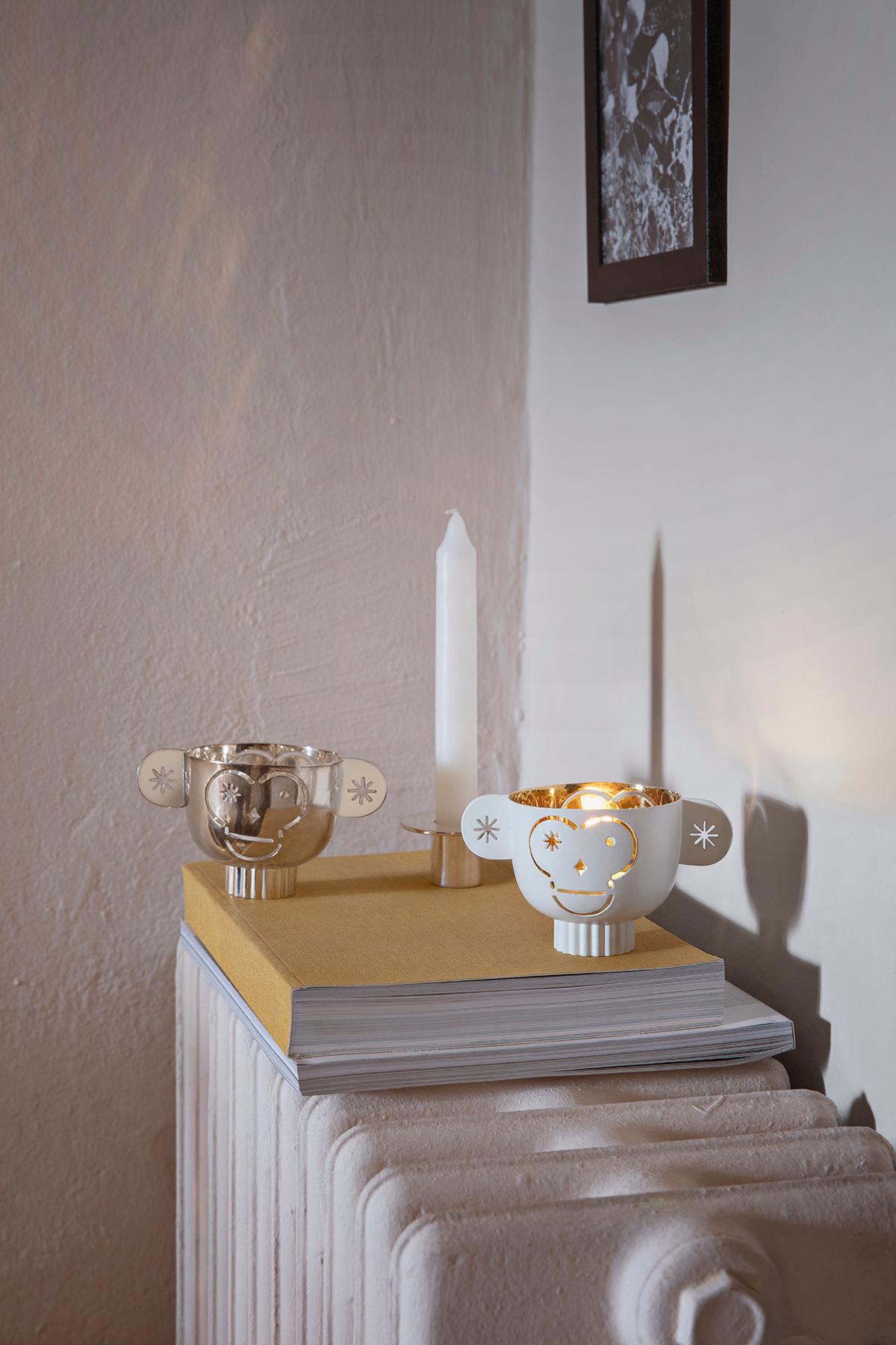 Italiano Porta tealight Monkos in argento lucido di Jaime Hayon in vendita