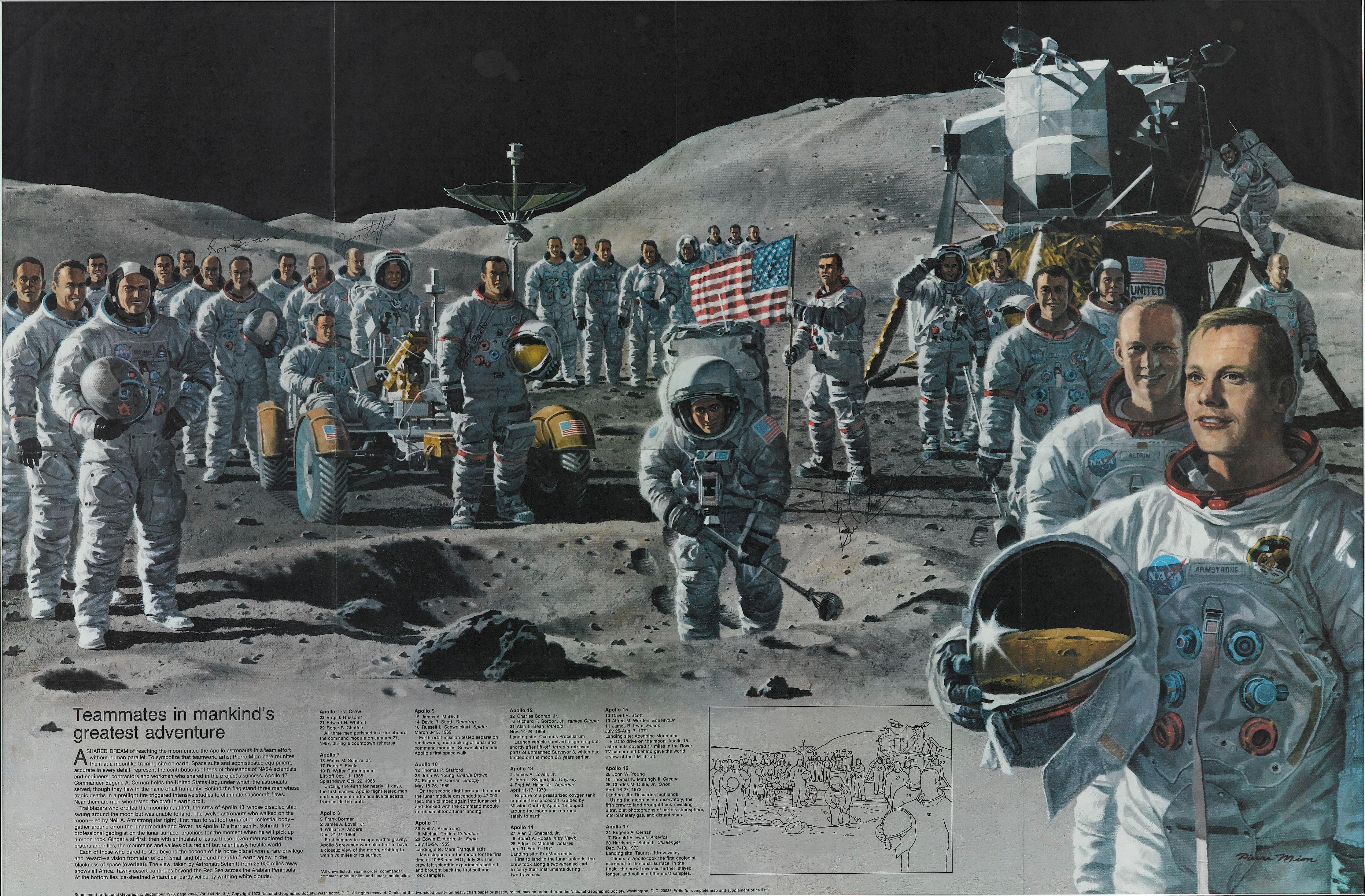 Il s'agit d'une affiche originale autographiée tirée d'un numéro de 1973 du magazine National Geographic, célébrant les missions historiques d'Apollo, de la première équipe d'essai d'Apollo jusqu'à Apollo 17. Intitulée 