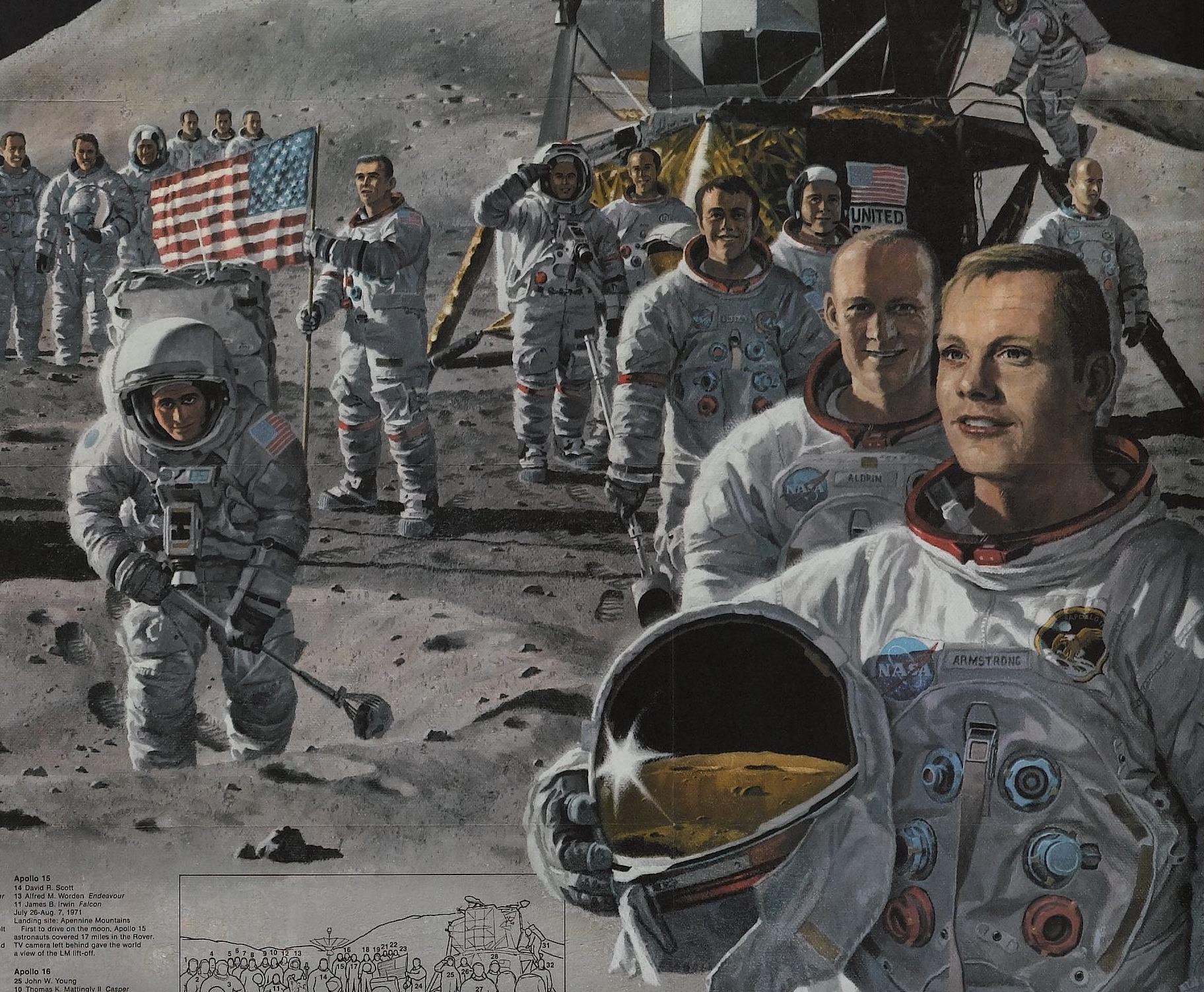 Presented is an original poster from a 1973 issue of National Geographic magazine, celebrating the historic Apollo missions from the first Apollo test crew through Apollo 17. Titled 