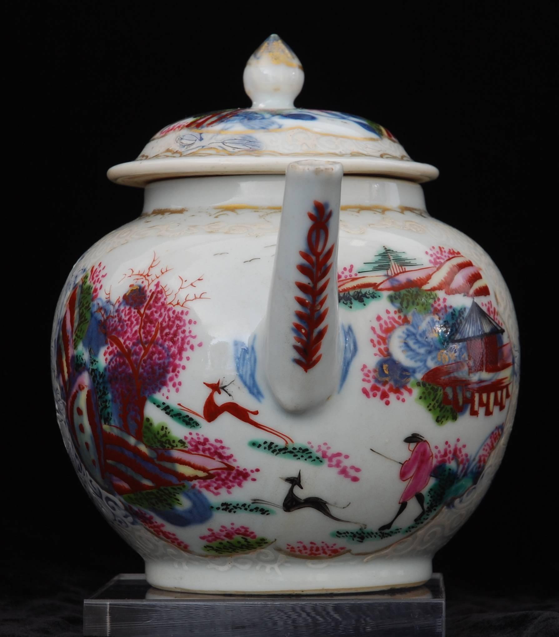 Chinoiserie Teapot, Stag Hunt Pattern, China, circa 1740, Decorated in London by Giles For Sale