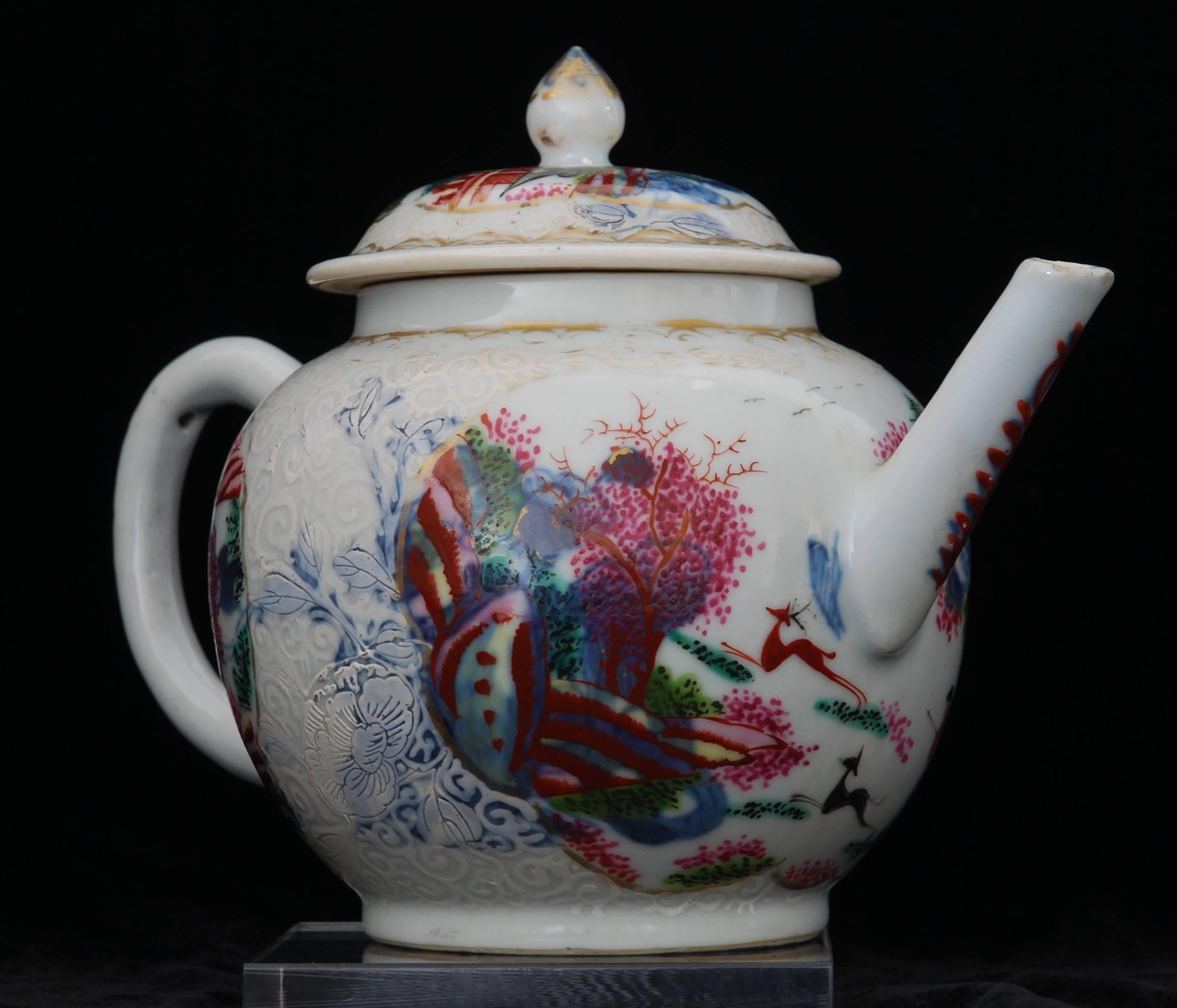 English Teapot, Stag Hunt Pattern, China, circa 1740, Decorated in London by Giles For Sale