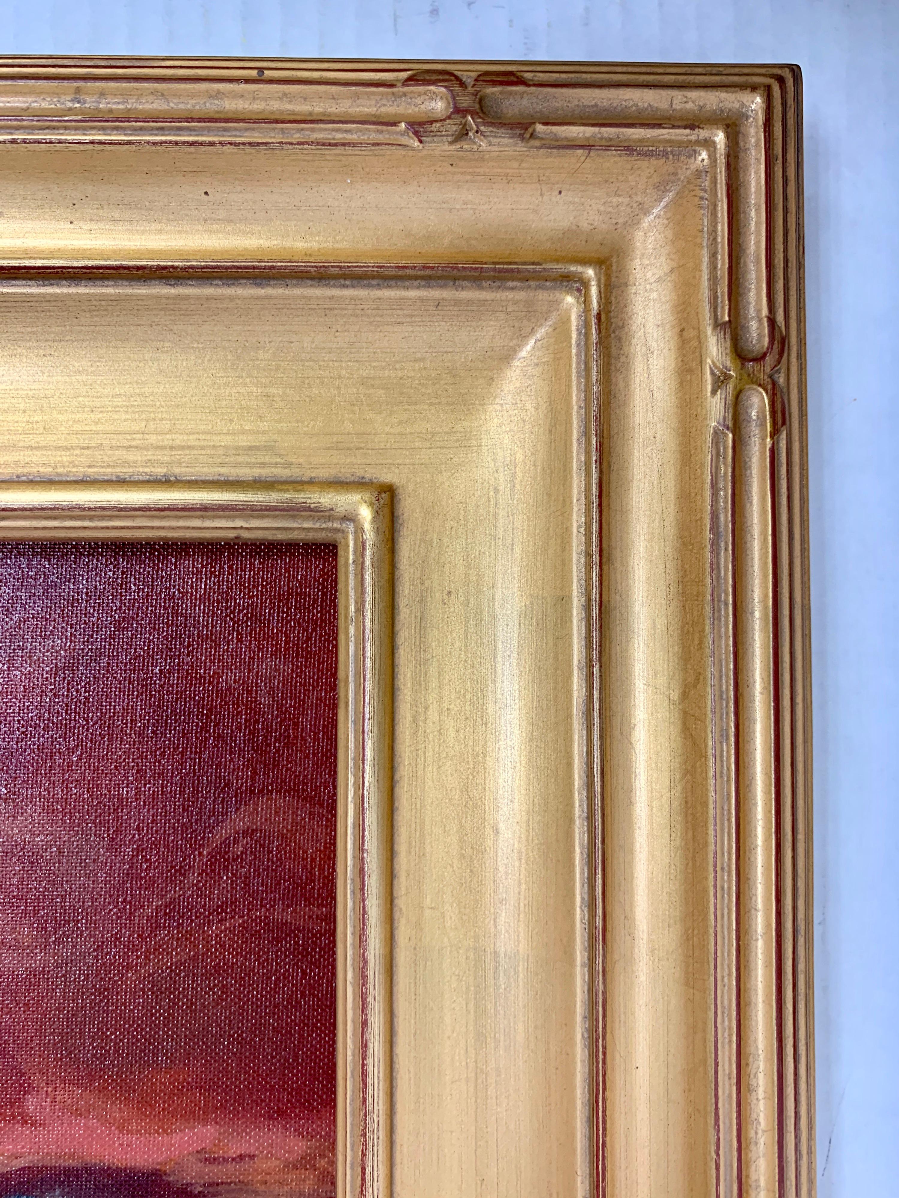 Elegant original oil on board framed painting by Connecticut painter Katherine Simmons. The frame is gold and very tasteful.