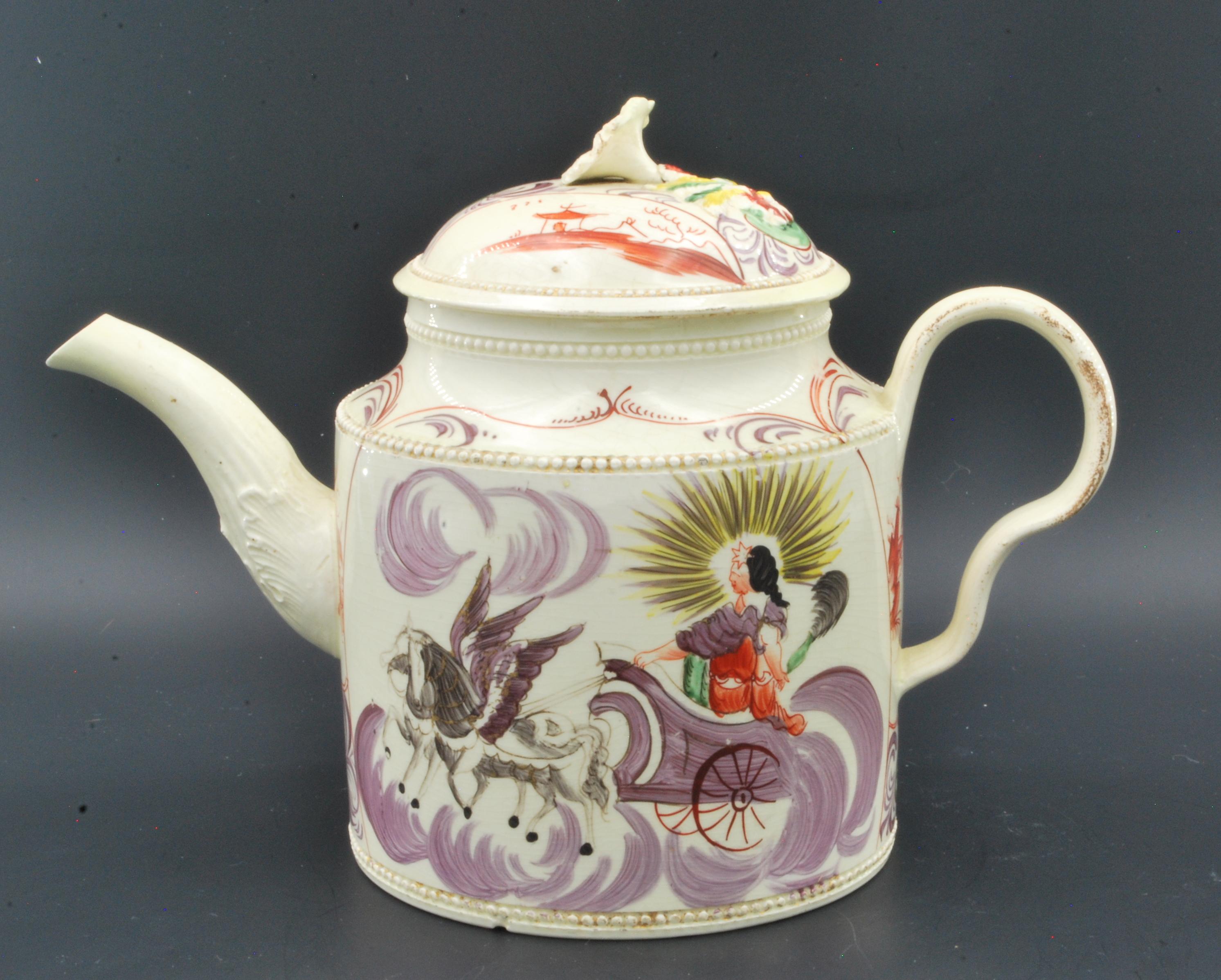 A classic Greatbatch teapot, with ear-shaped handle, double-flower finial, and “Aurora, Goddes of the Dawn” decoration.

Prov: Kantar Collection.

 