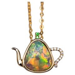 Teapot Design Australian Semi-Black Opal & Diamond, Tsavorite Pendant 18K Gold