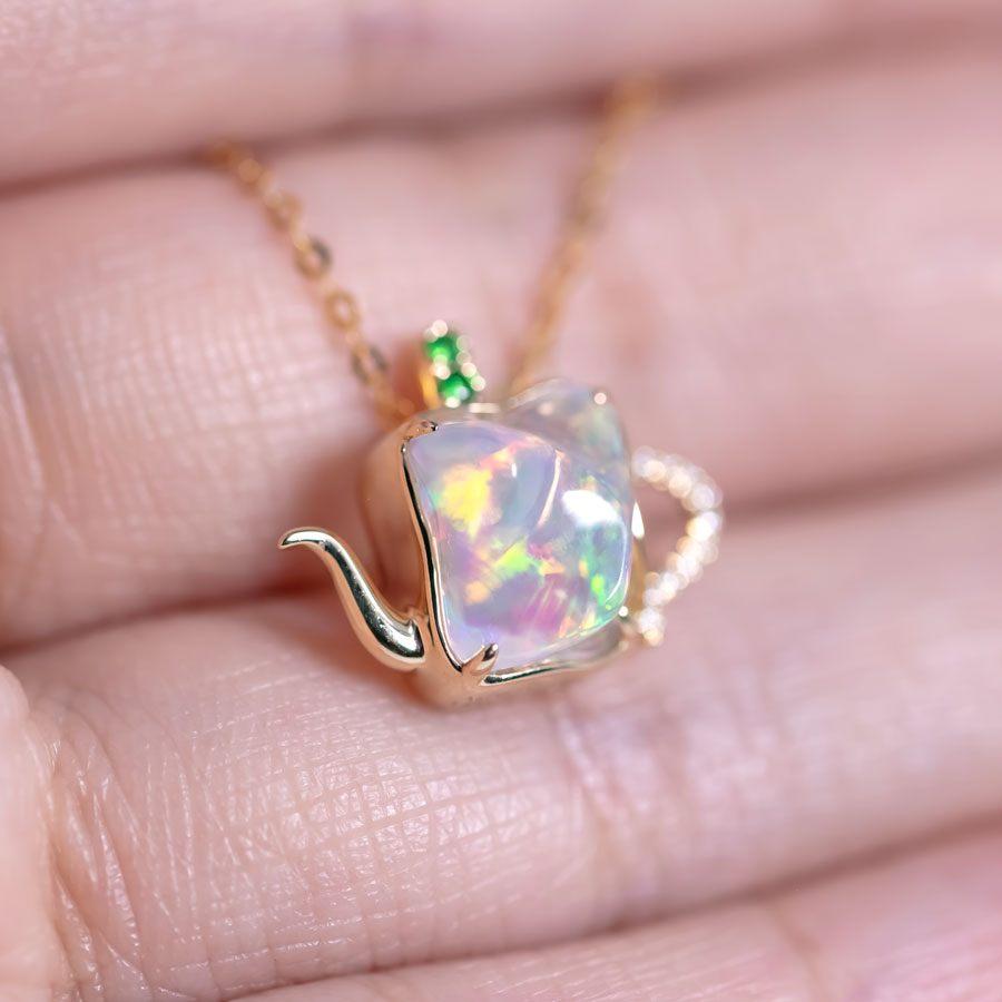Arts and Crafts Teapot Design Fire Opal Diamond, Tsavorite Necklace 18K Yellow Gold For Sale