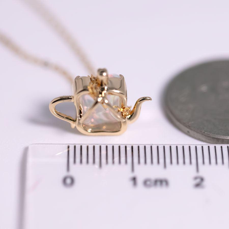 Brilliant Cut Teapot Design Fire Opal Diamond, Tsavorite Necklace 18K Yellow Gold For Sale