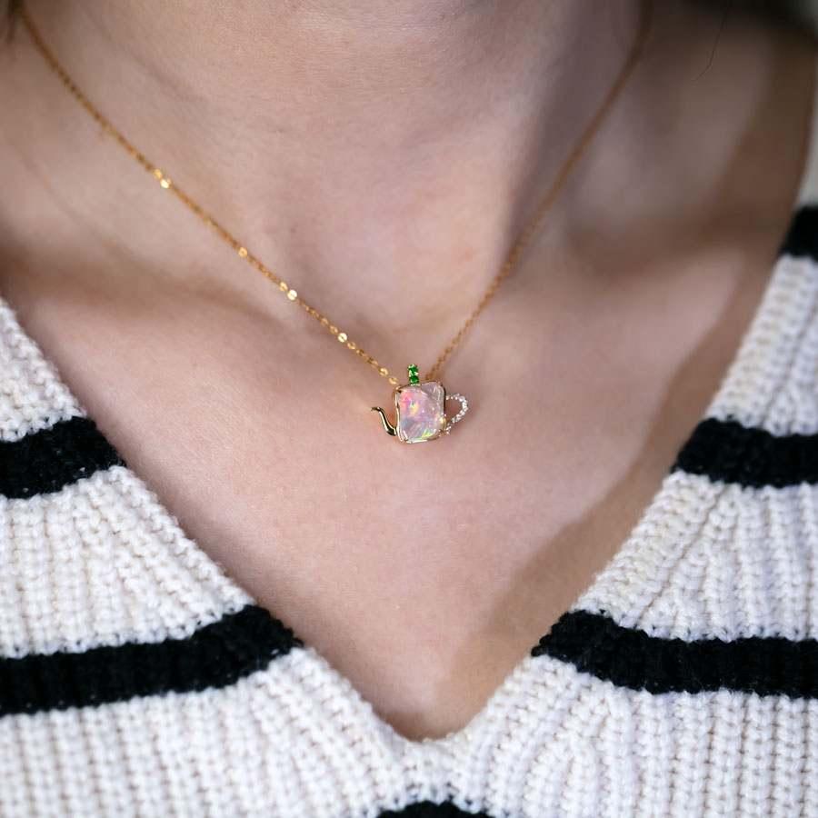 Women's or Men's Teapot Design Fire Opal Diamond, Tsavorite Necklace 18K Yellow Gold For Sale