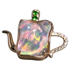 Teapot Design Fire Opal Diamond, Tsavorite Necklace 18K Yellow Gold