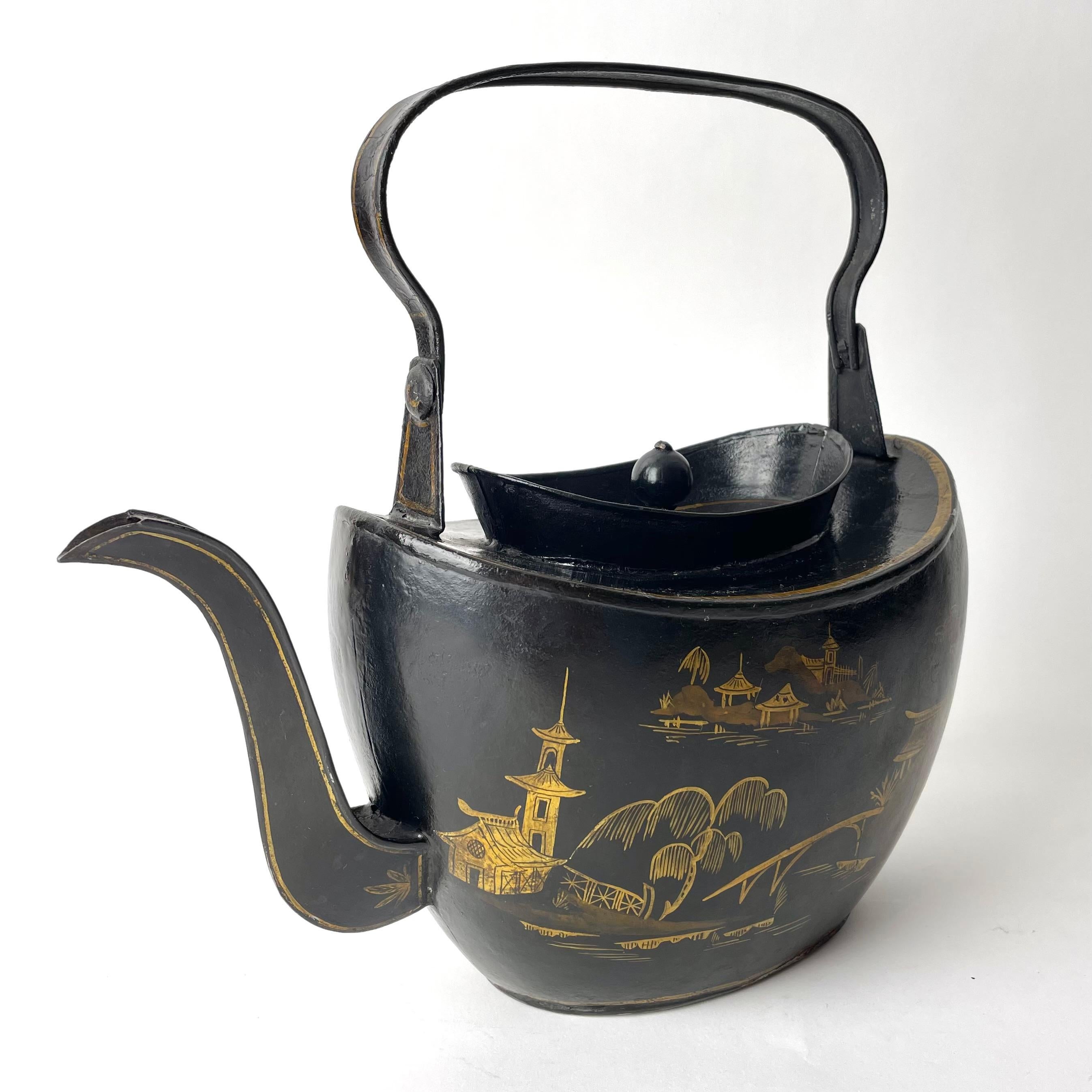 English Teapot in painted tin with Chinese decorations. George III, late 18th Century For Sale