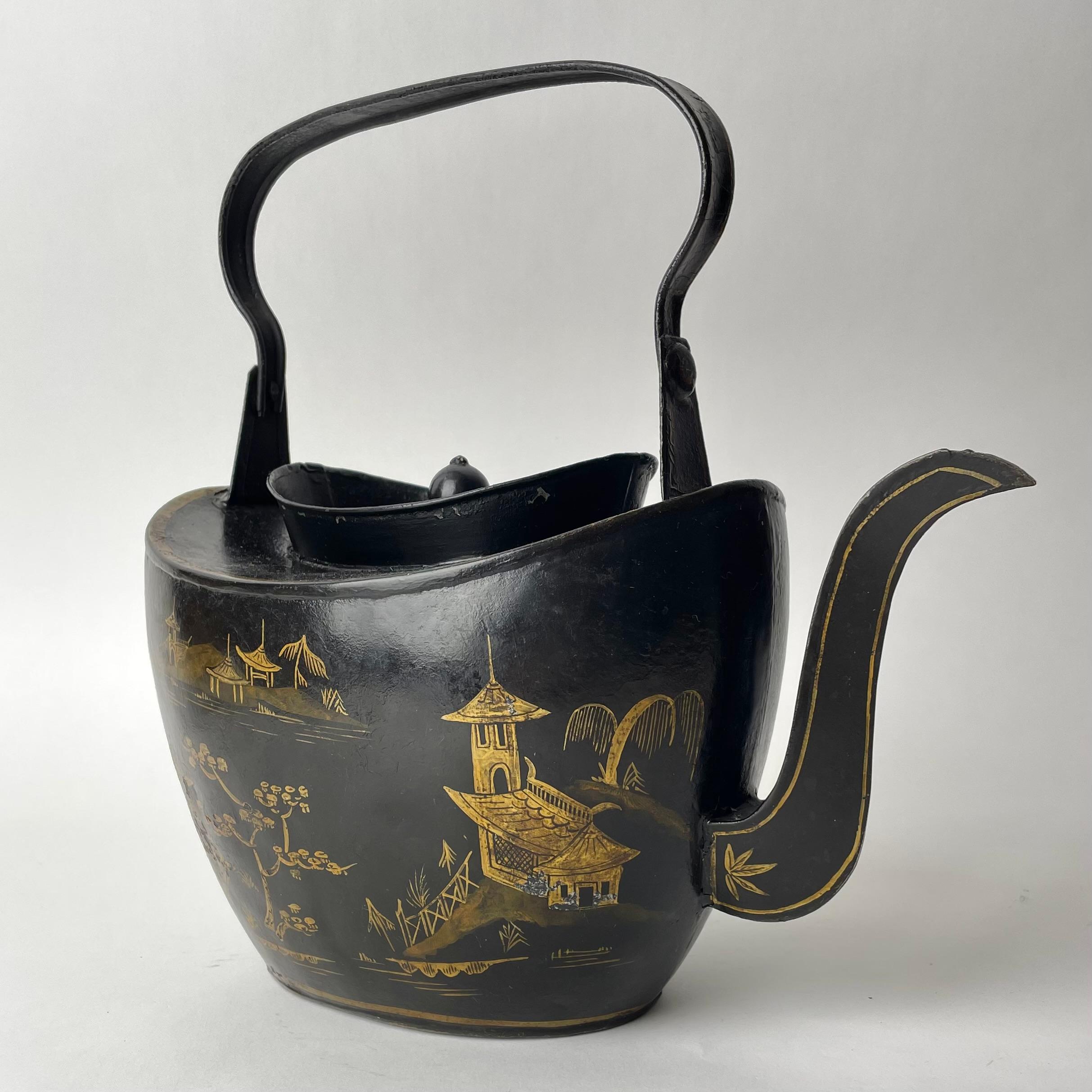 Painted Teapot in painted tin with Chinese decorations. George III, late 18th Century For Sale