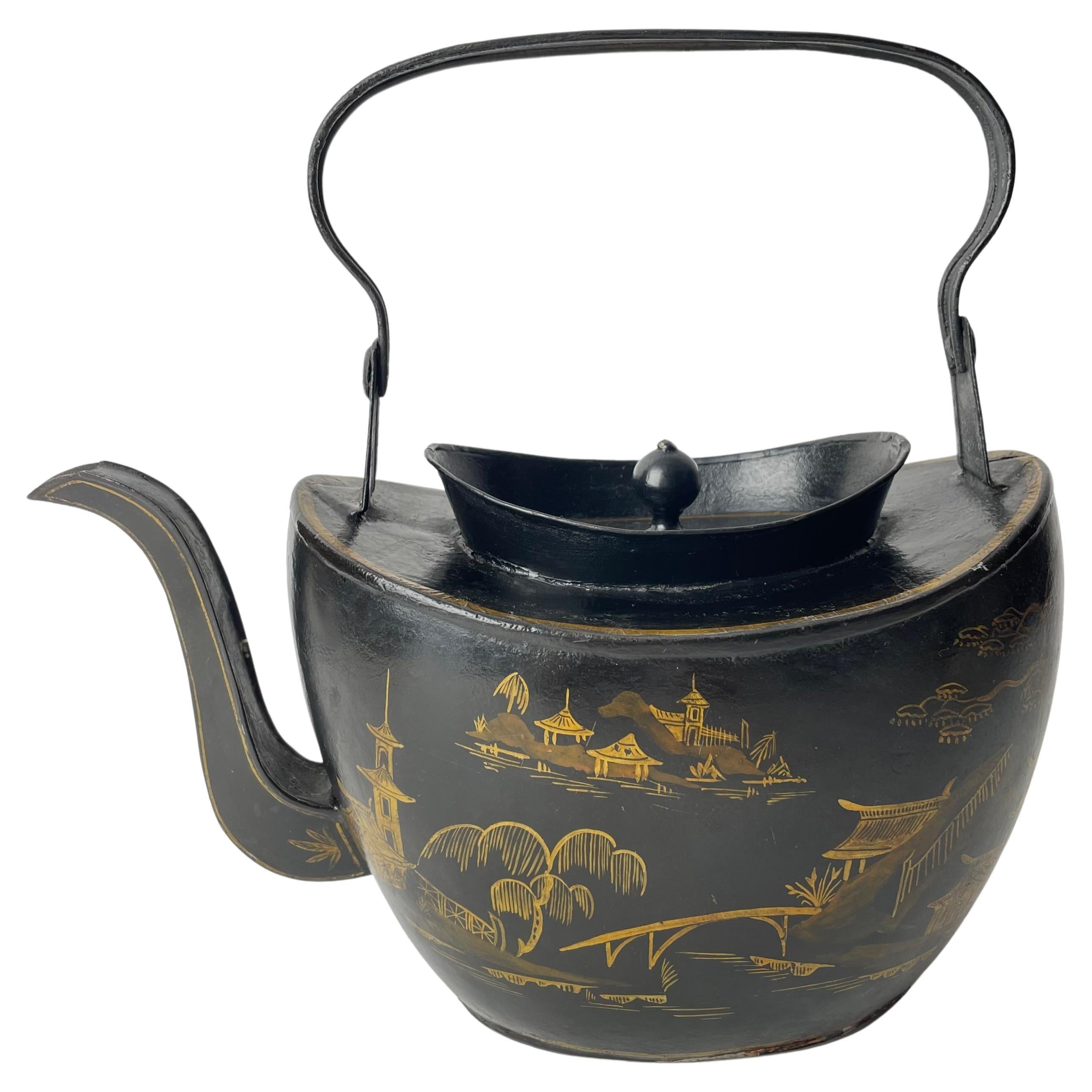 Teapot in painted tin with Chinese decorations. George III, late 18th Century For Sale