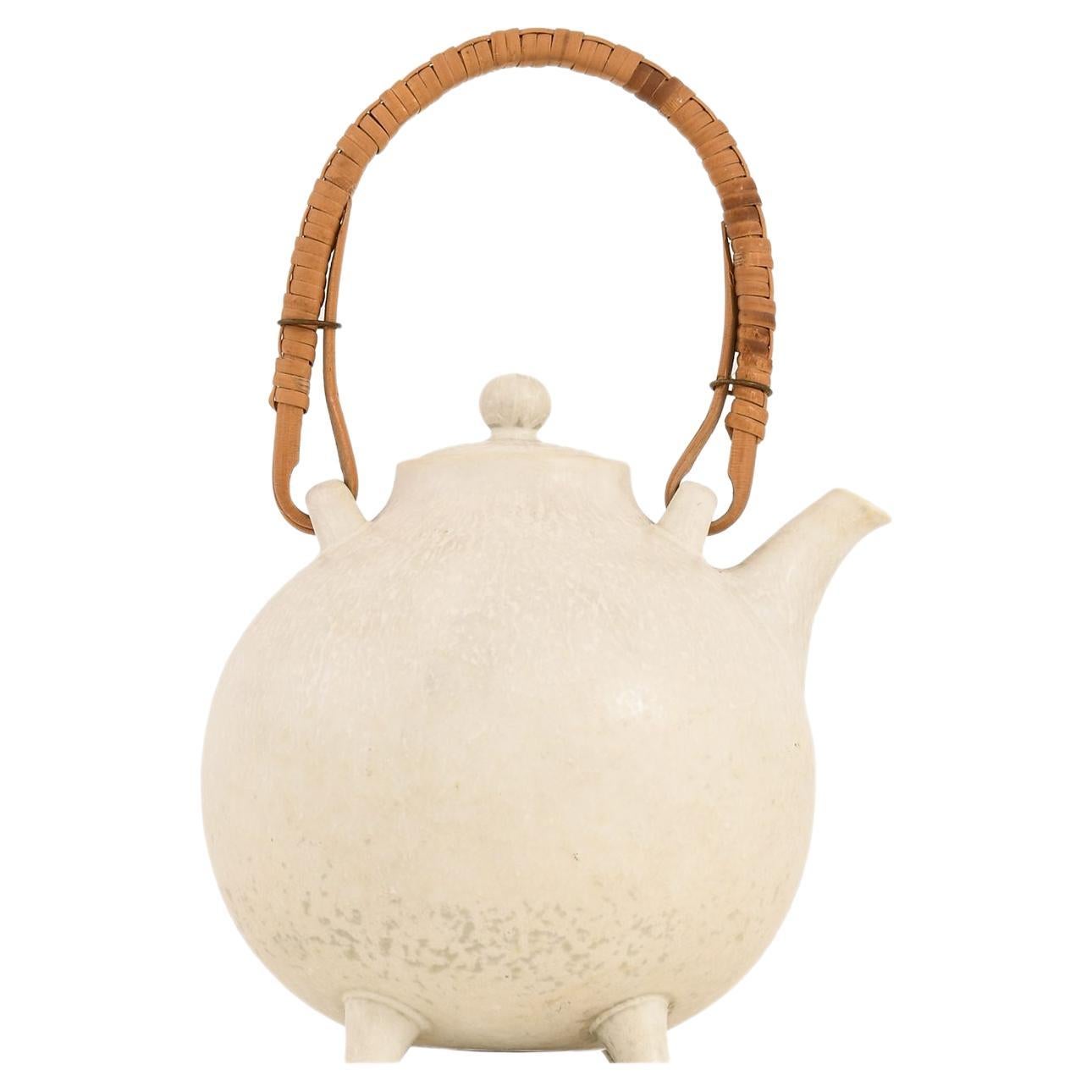 Teapot in Stoneware and Cane by Gunnar Nylund, 1960’s Rörstrand For Sale