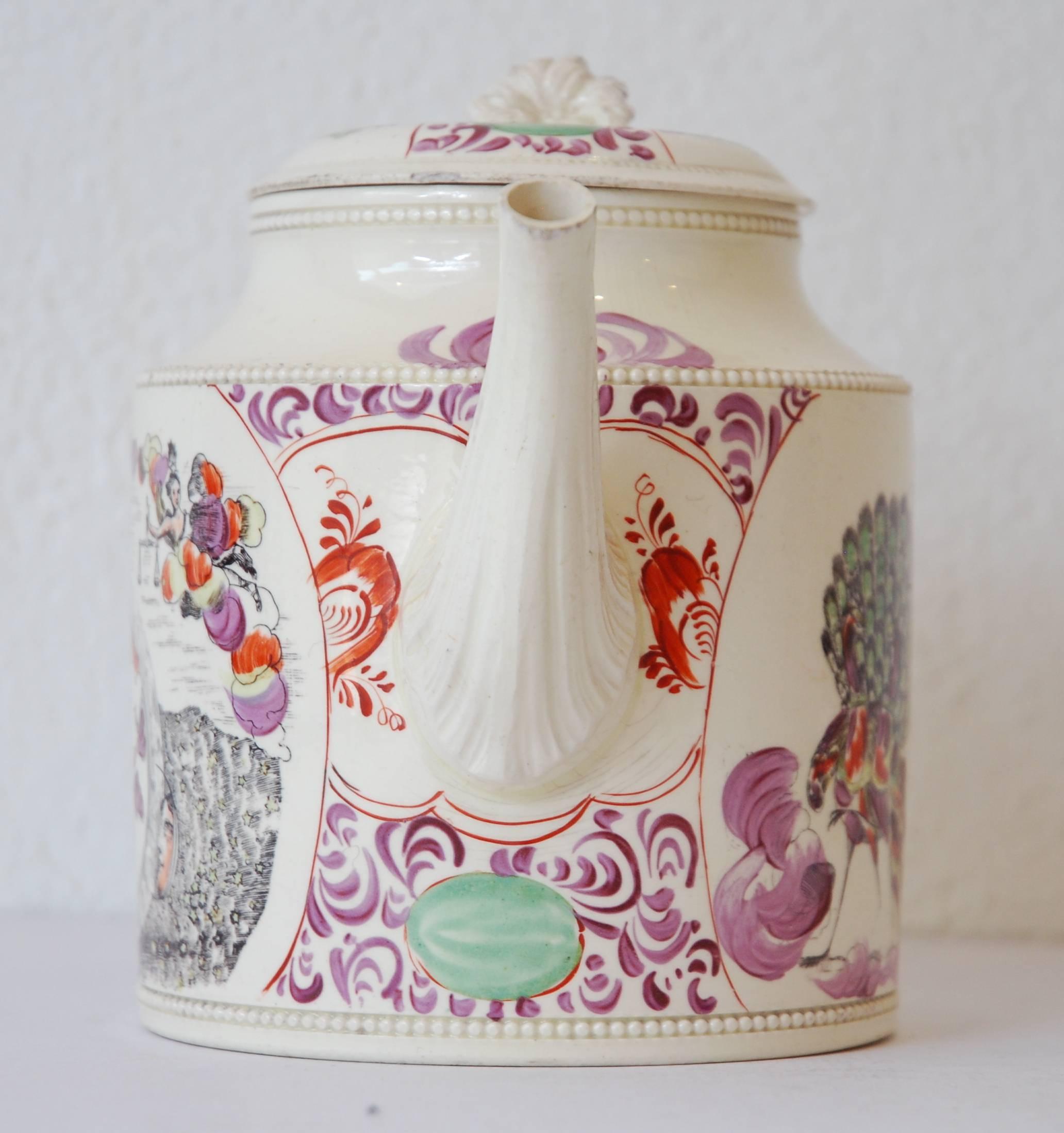 A rare creamware teapot by William Greatbatch, decorated with Juno in her chariot, pulled by a peacock; globe with sun and moon to the reverse.