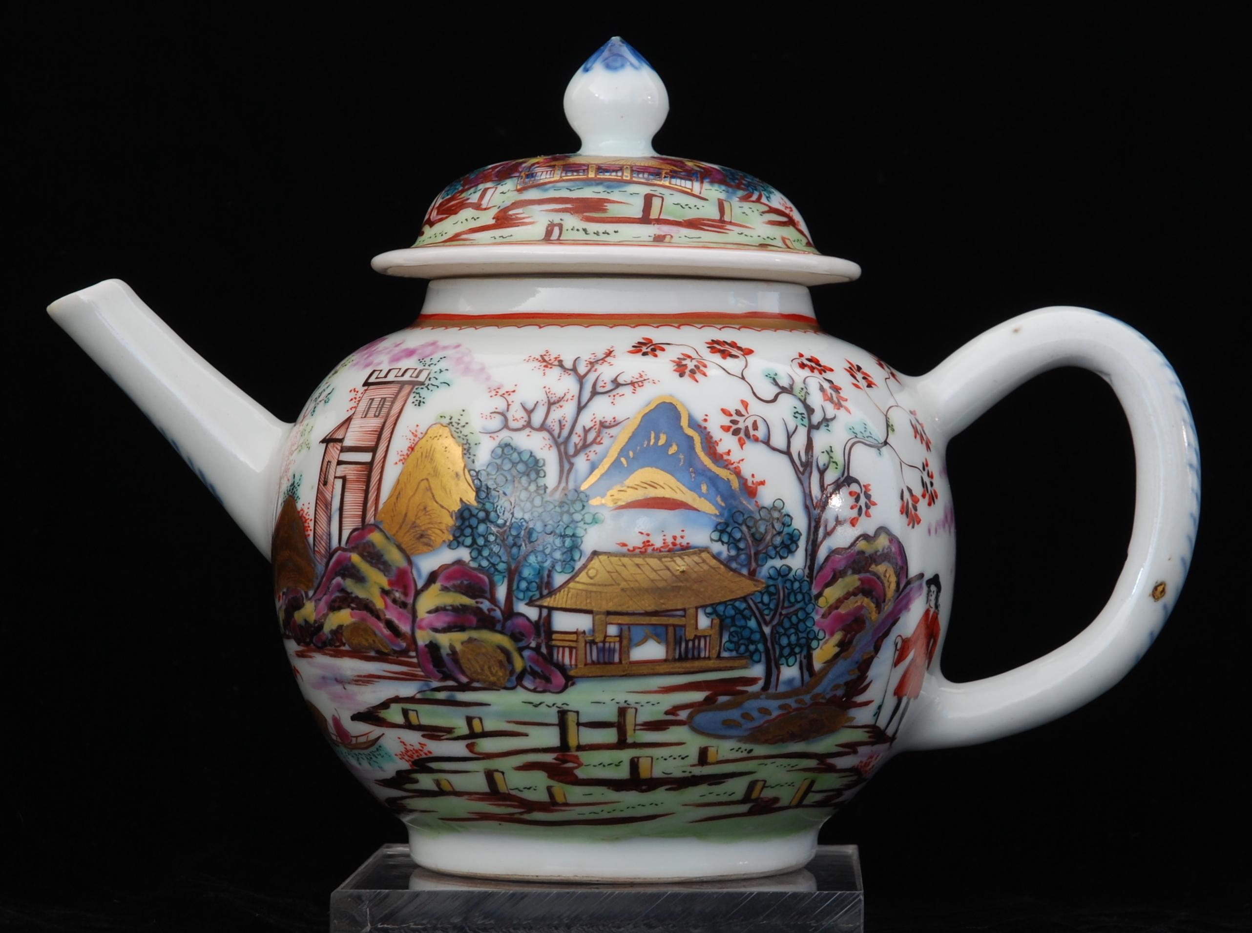 A superb example of Chinese porcelain, redecorated for the English market in London, probably in the Giles studio. ‘Man in a red coat’ pattern with gilded rock strata.

Unusually, parts of the original underglaze blue pattern has been incorporated