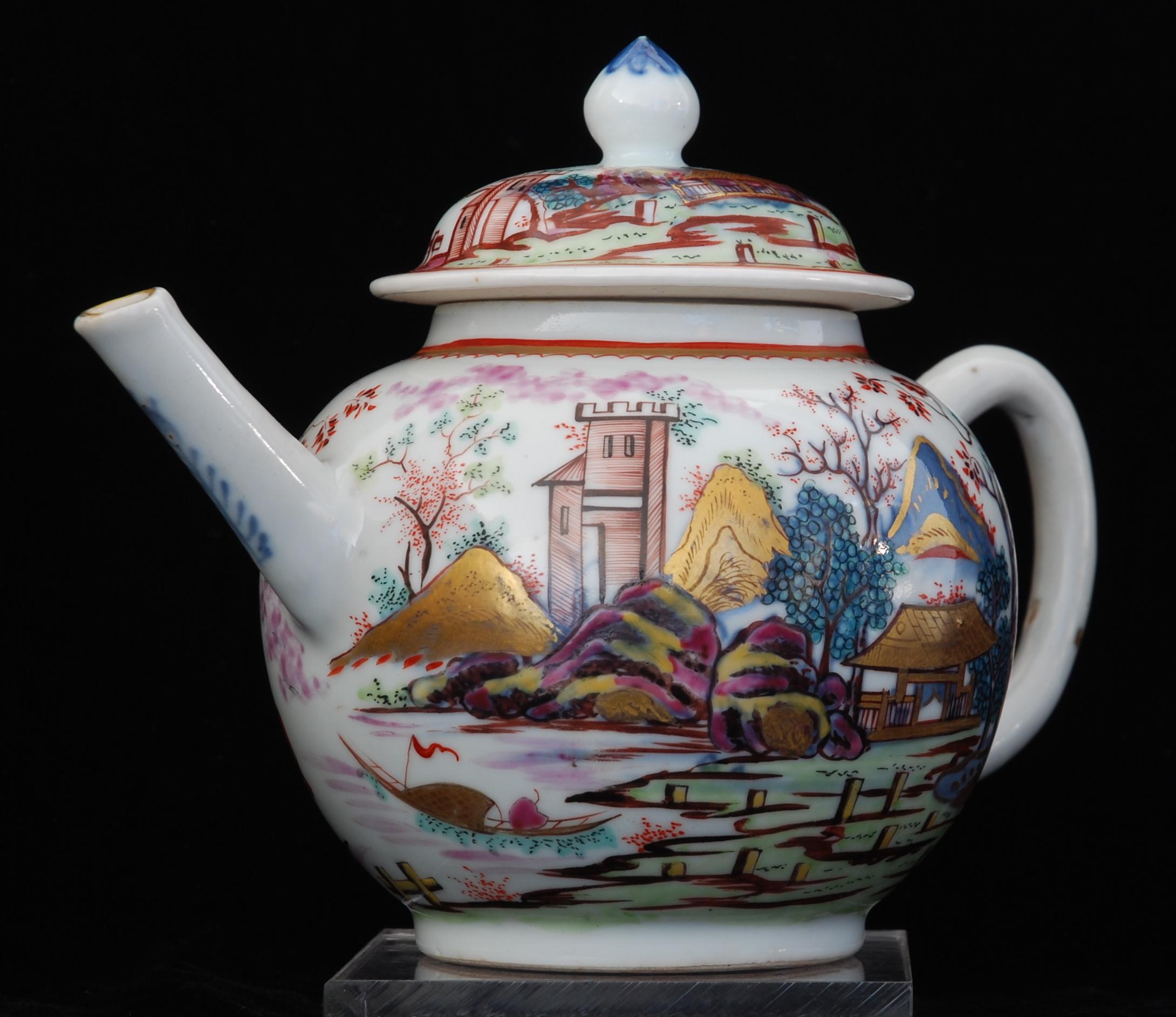 Chinoiserie Teapot, Red Coat Pattern, China, circa 1740, Decorated in London by Giles For Sale