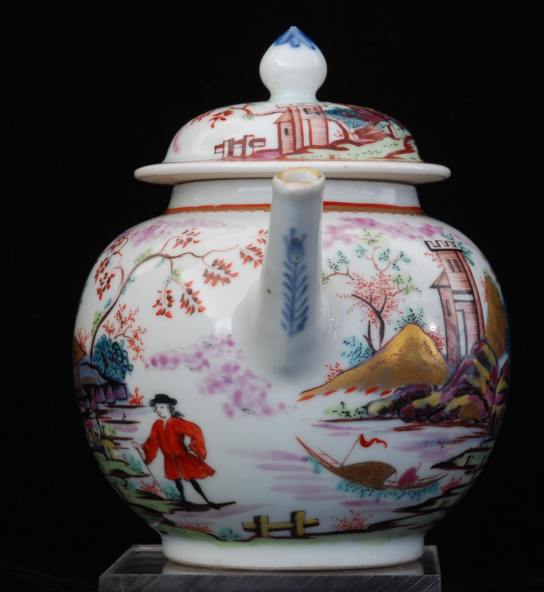 English Teapot, Red Coat Pattern, China, circa 1740, Decorated in London by Giles For Sale