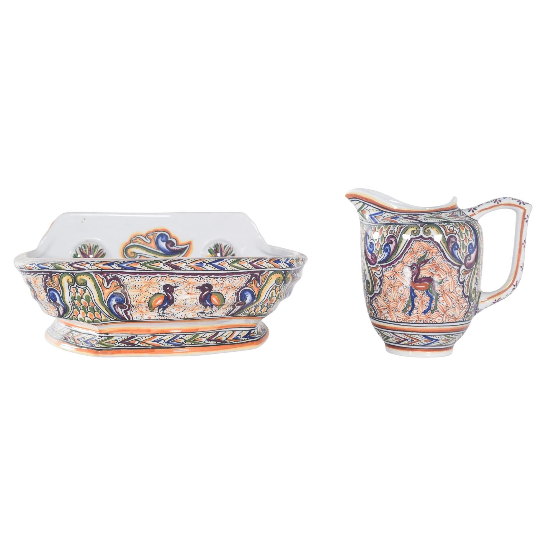 Teiera, saliera e brocca con rubinetto in maiolica Conimbriga in vendita