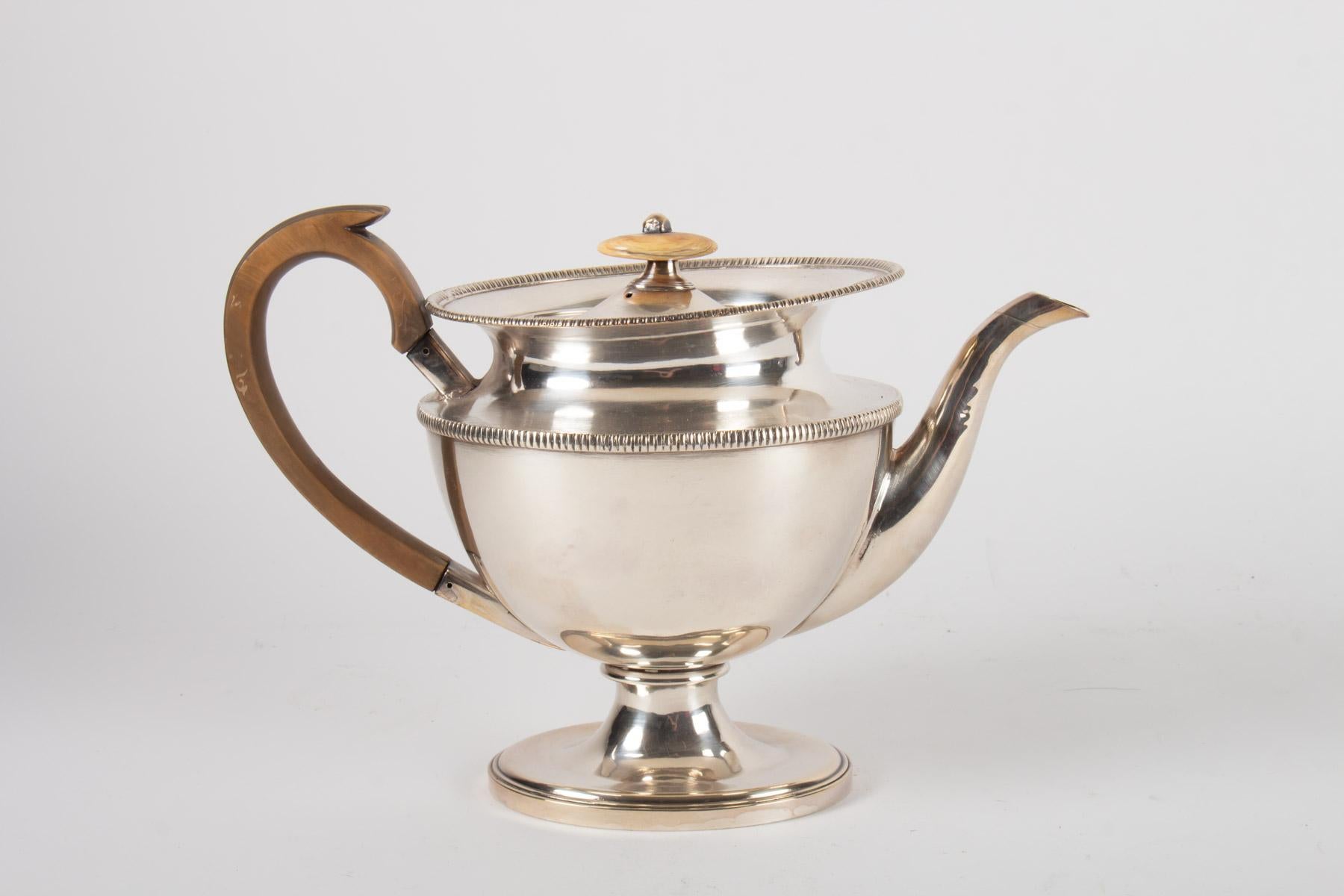 Silvered Teapot, Silver Metal, 19th Century Antiquity, Empire Period, Carved Wood Handle