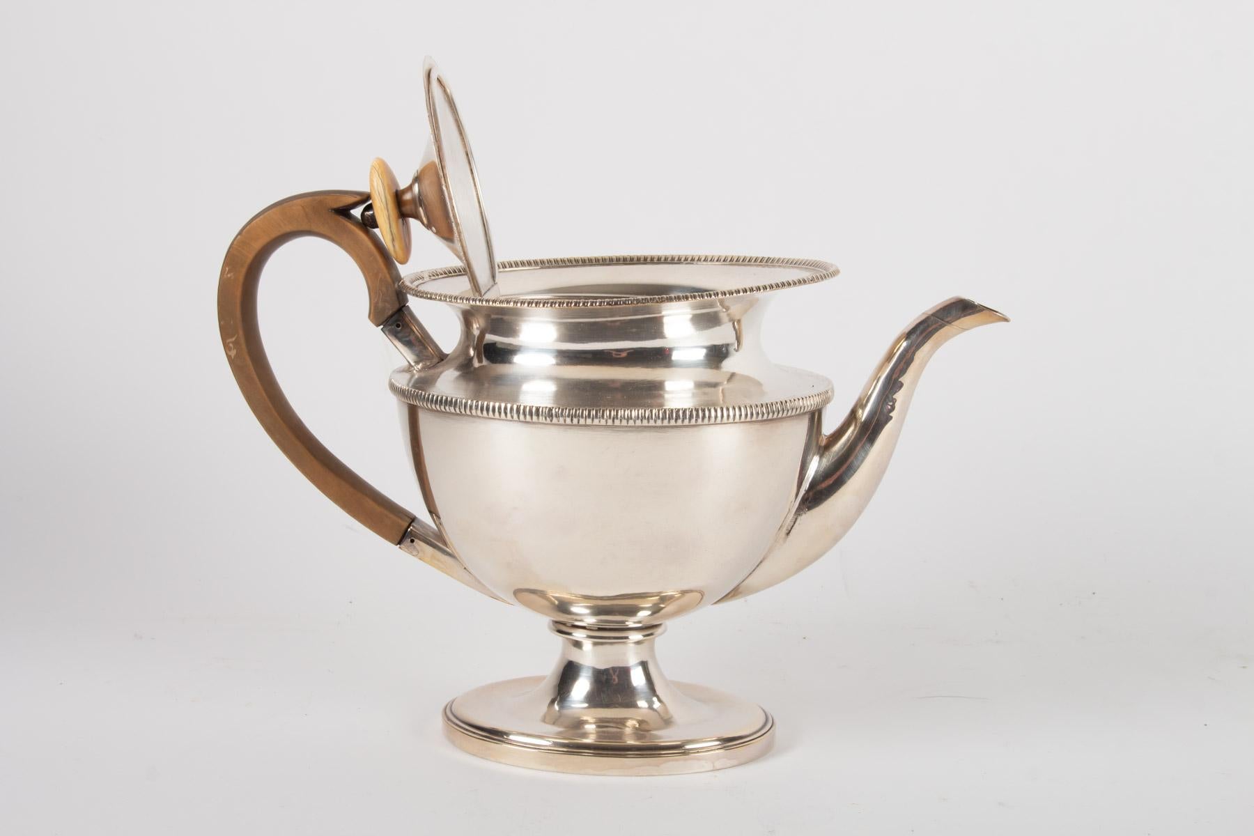 Teapot, Silver Metal, 19th Century Antiquity, Empire Period, Carved Wood Handle 4