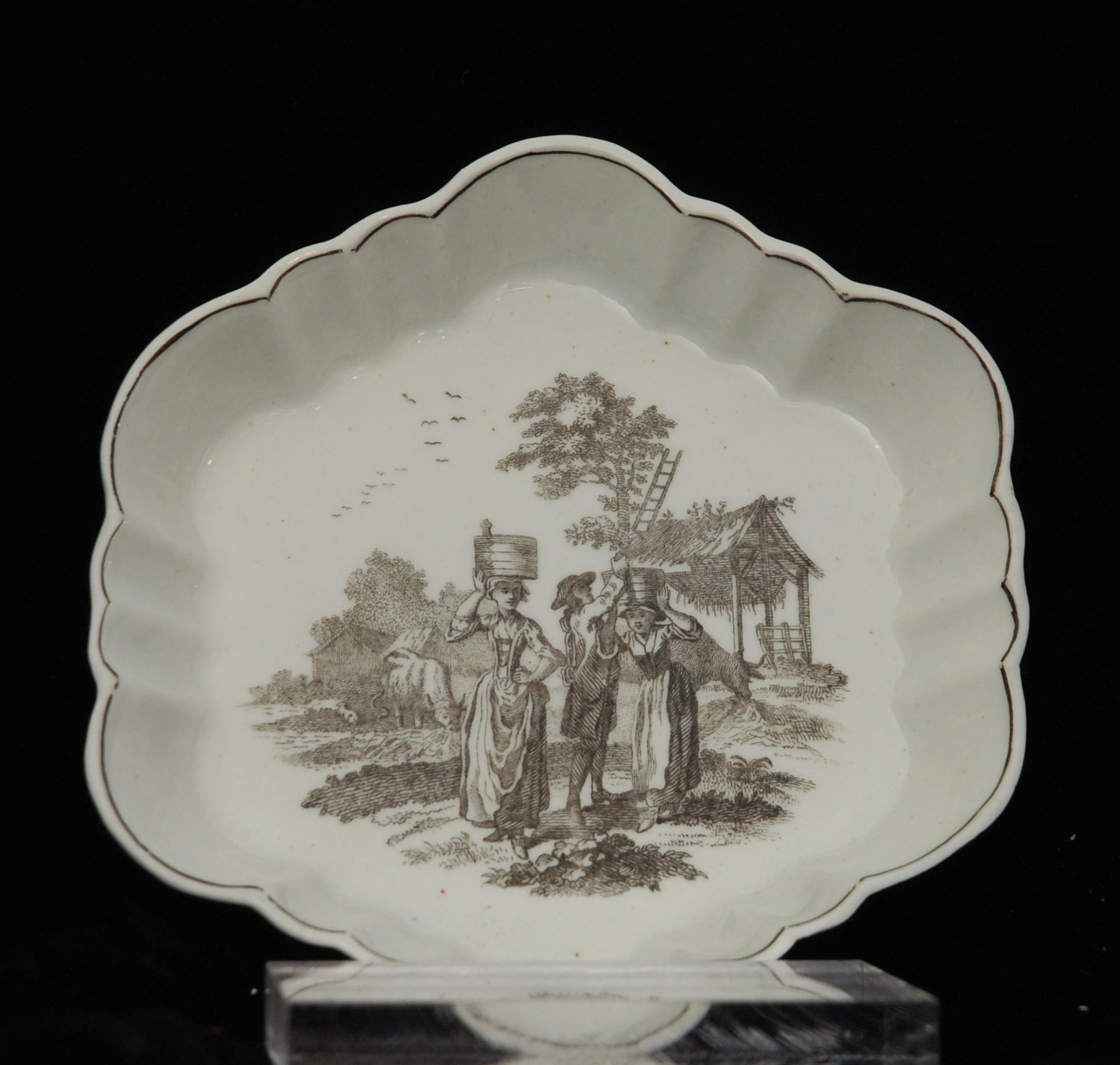 Hexagonal teapot stand, with transfer print decoration of The Milkmaids.

From an engraving by Richard Hancock, one the best and most important of the engravers of this period. This attribution on the basis of other examples bearing his monogram.
