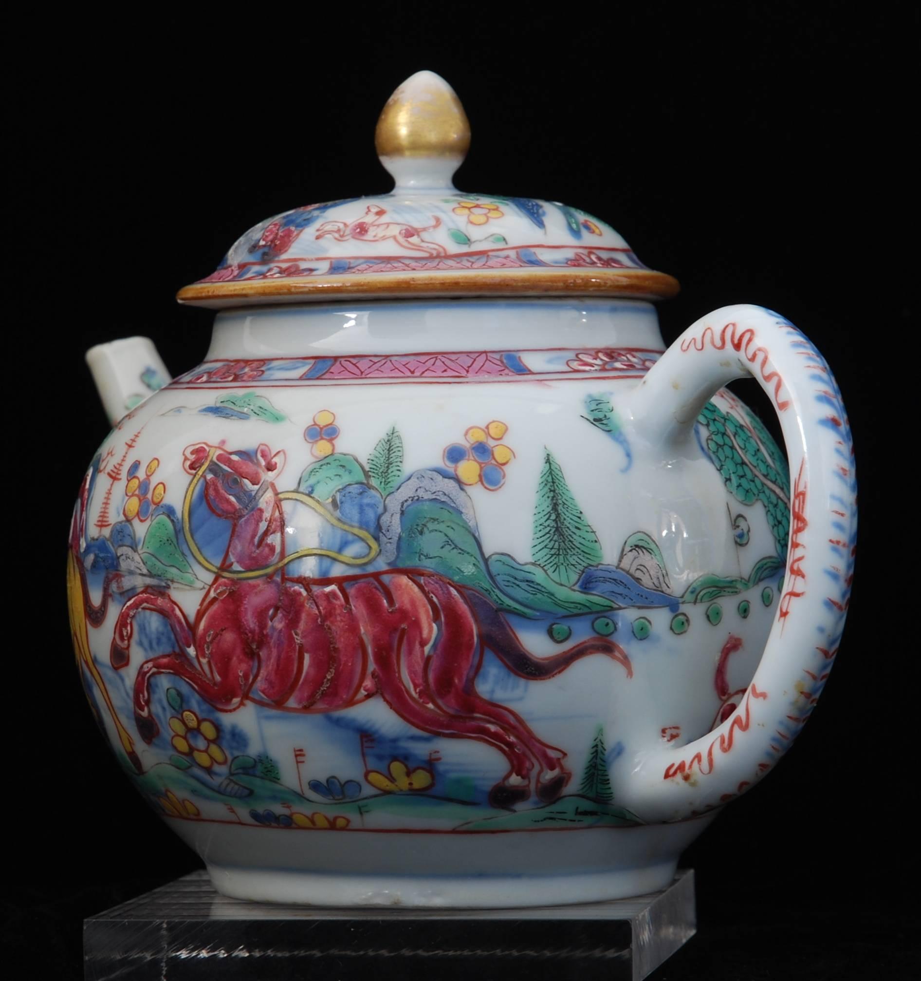 Teapot, Prancing Ponies, China, circa 1760, Decorated in London 3